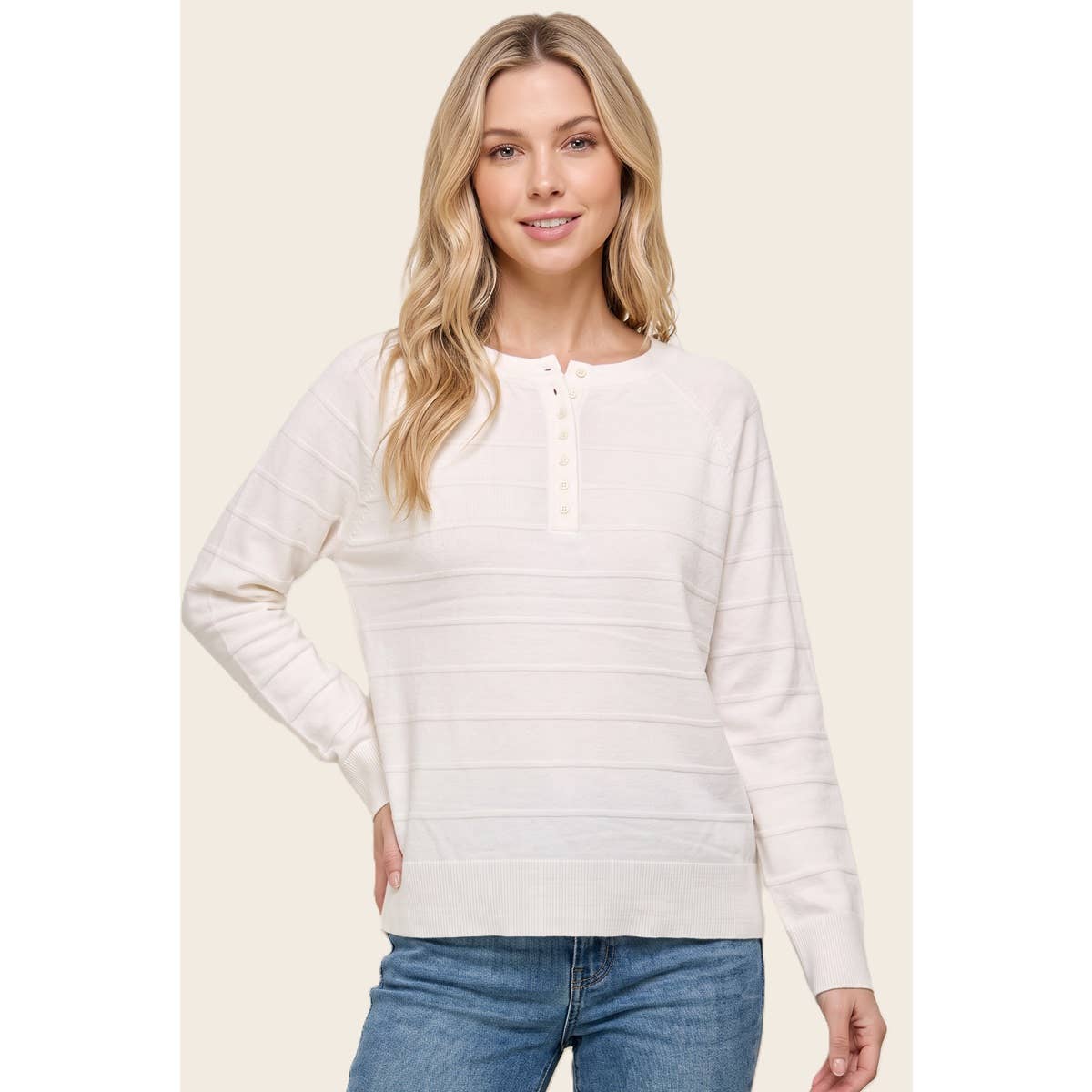 STACCATO - TEXTURE STRIPED HALF BUTTON SWEATER