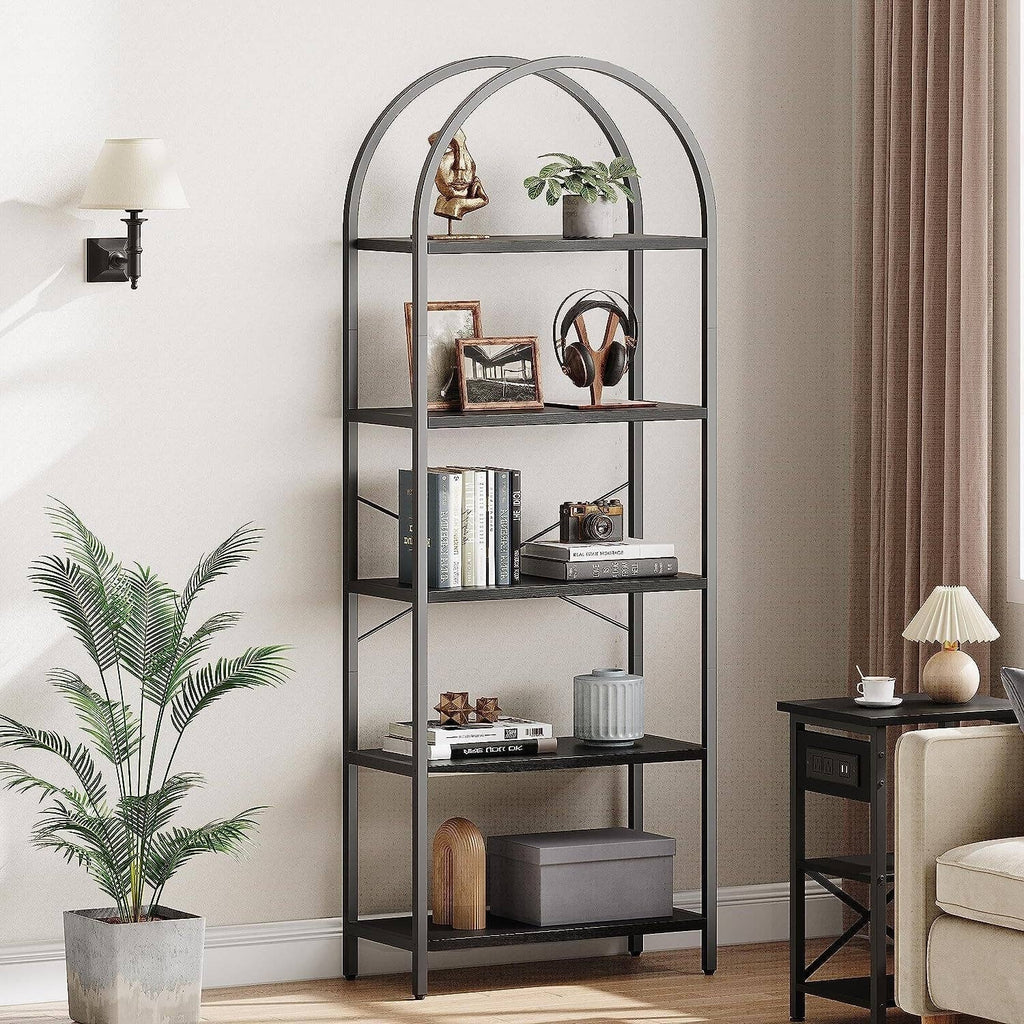 ShipItFurniture - Tall Black Arched Bookcase With 5 Open Shelves For Living Room