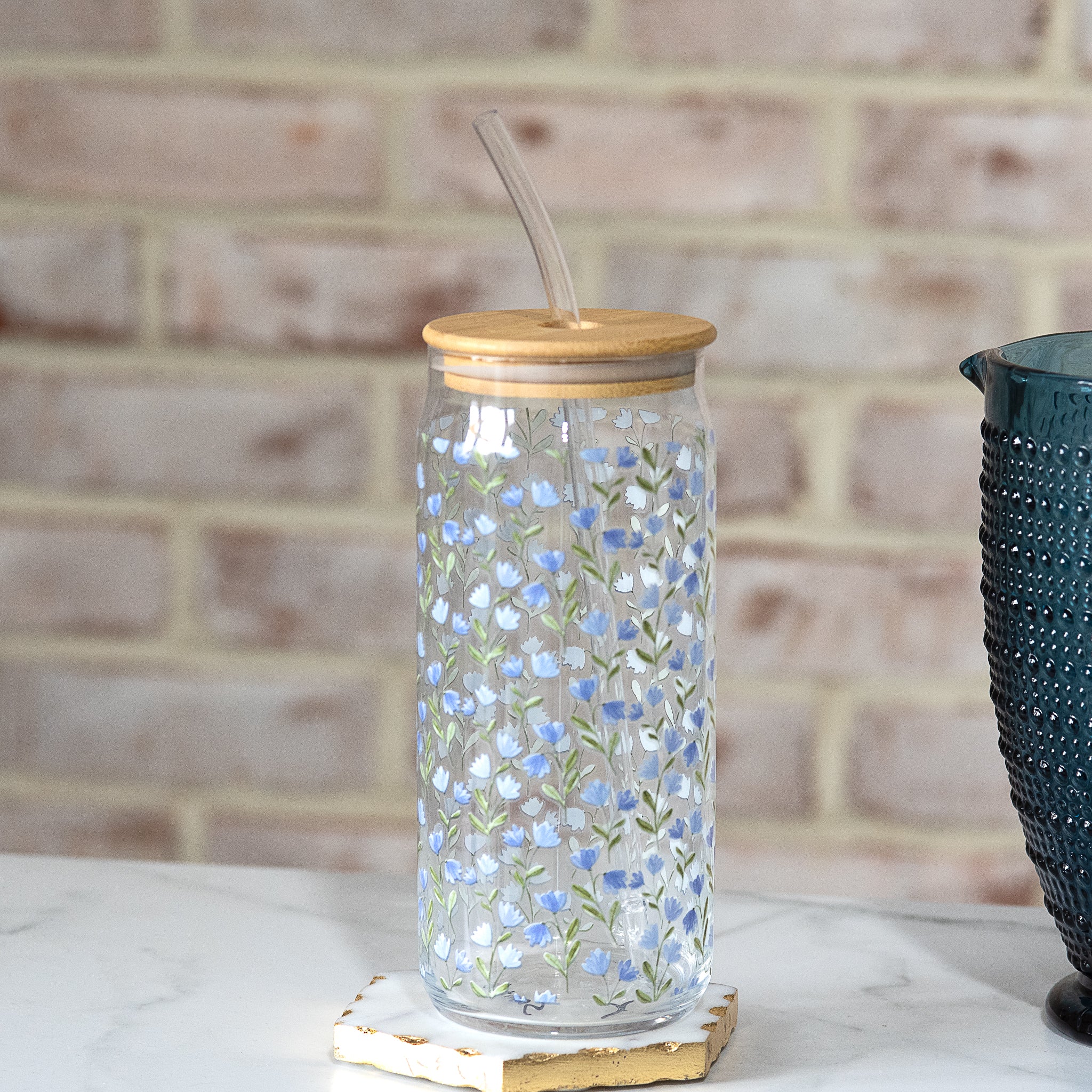 Floral Glass Drink Cup w/Straw