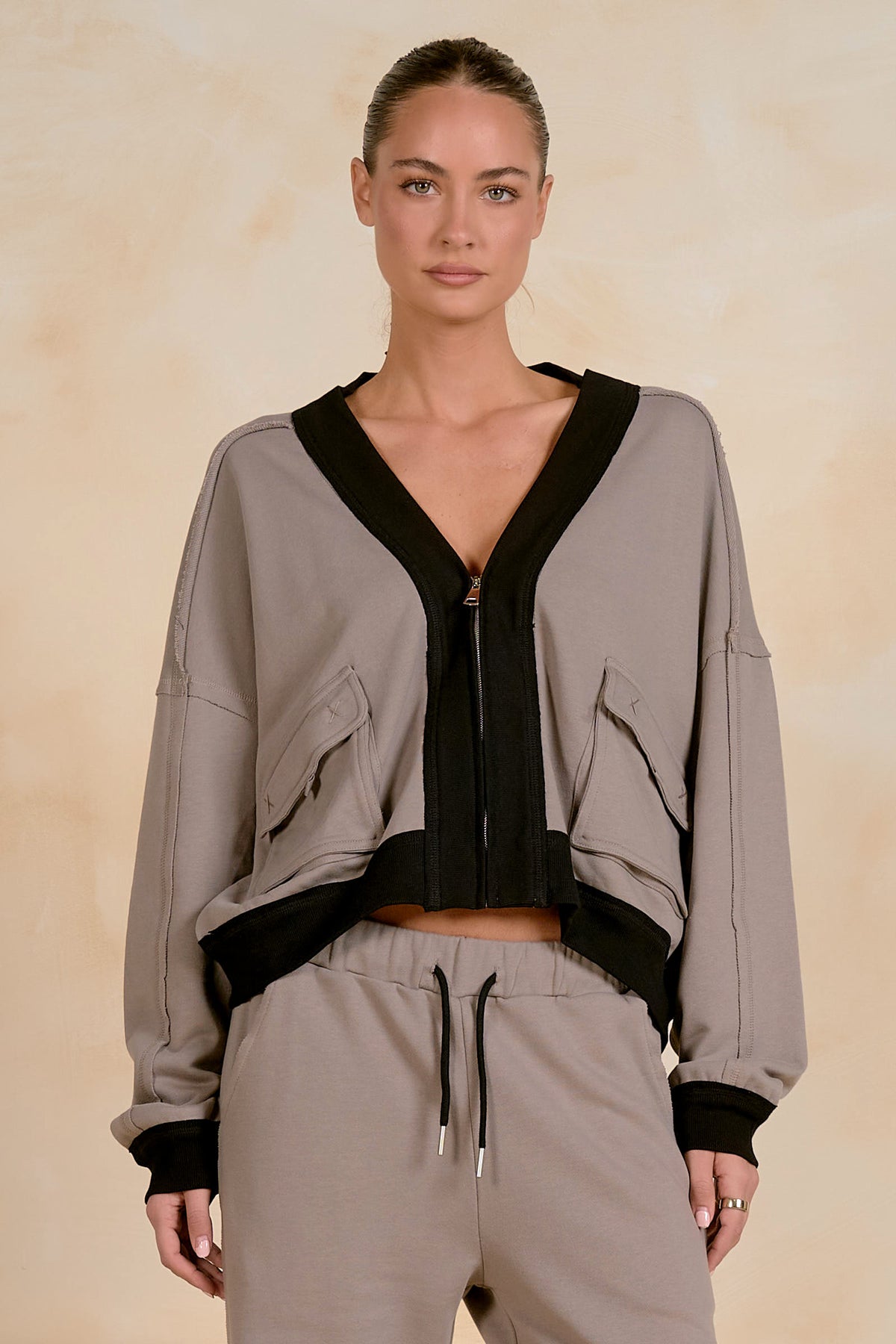 Taupe Black Zip Up