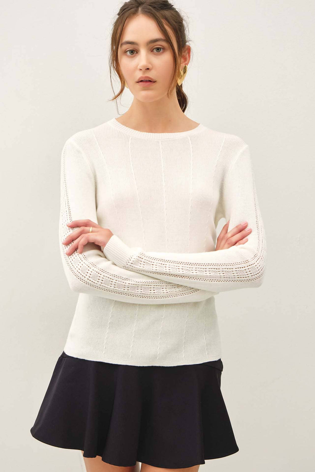 Be Cool - CROCHET SLEEVE POINTELLE FINE SWEATER