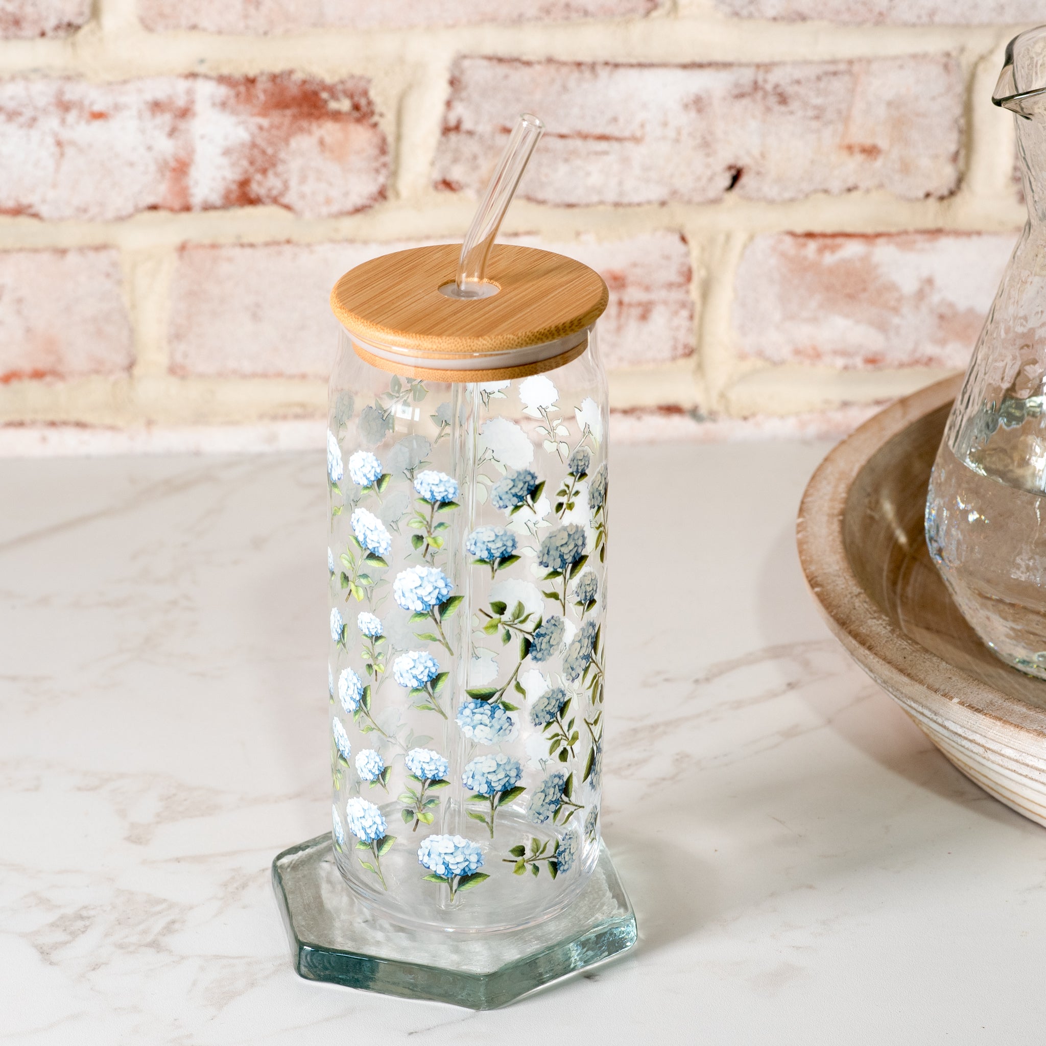 Hydrangea Glass Drink Cup w/Straw