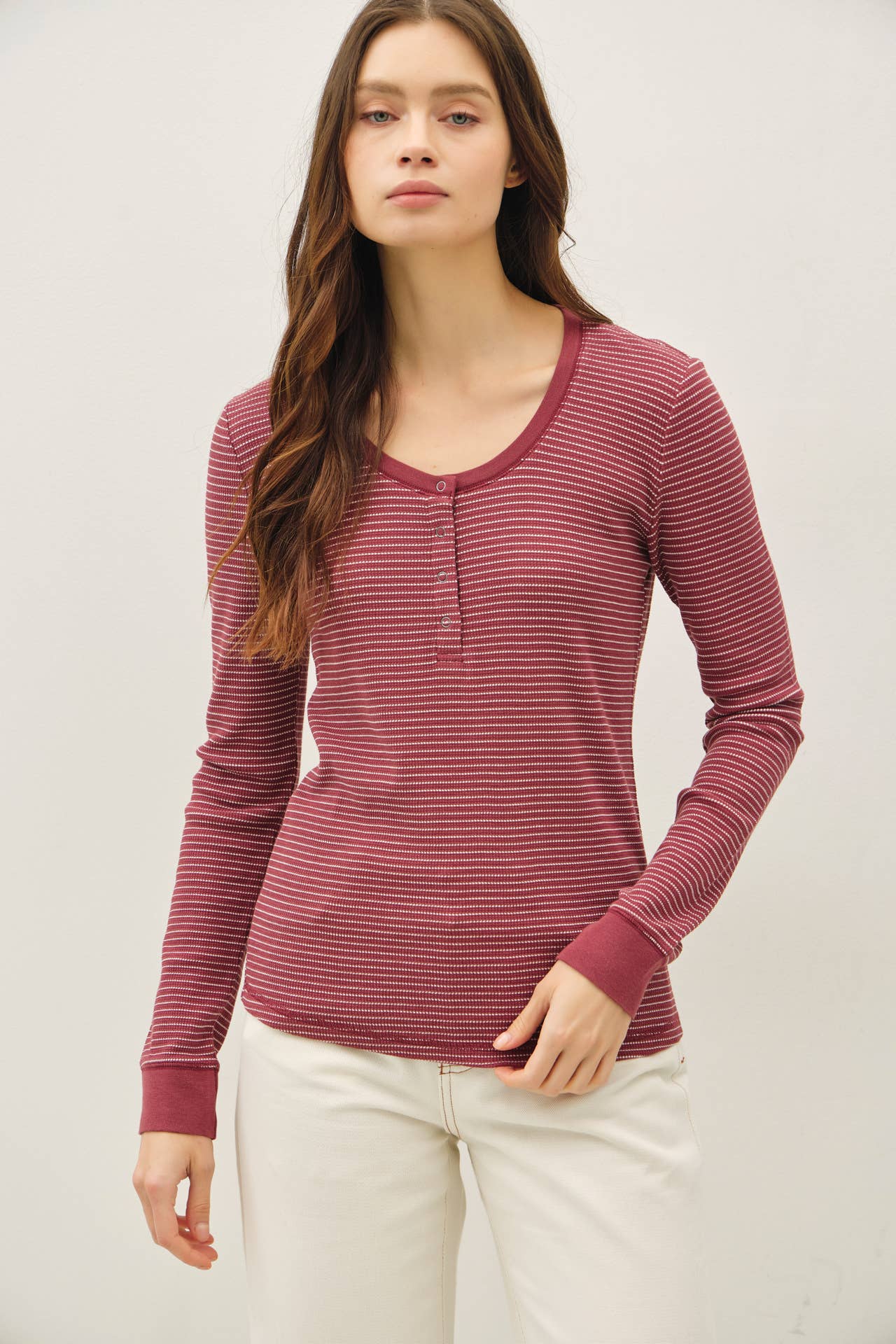 STITCHED THERMAL HENLEY NECK TOP