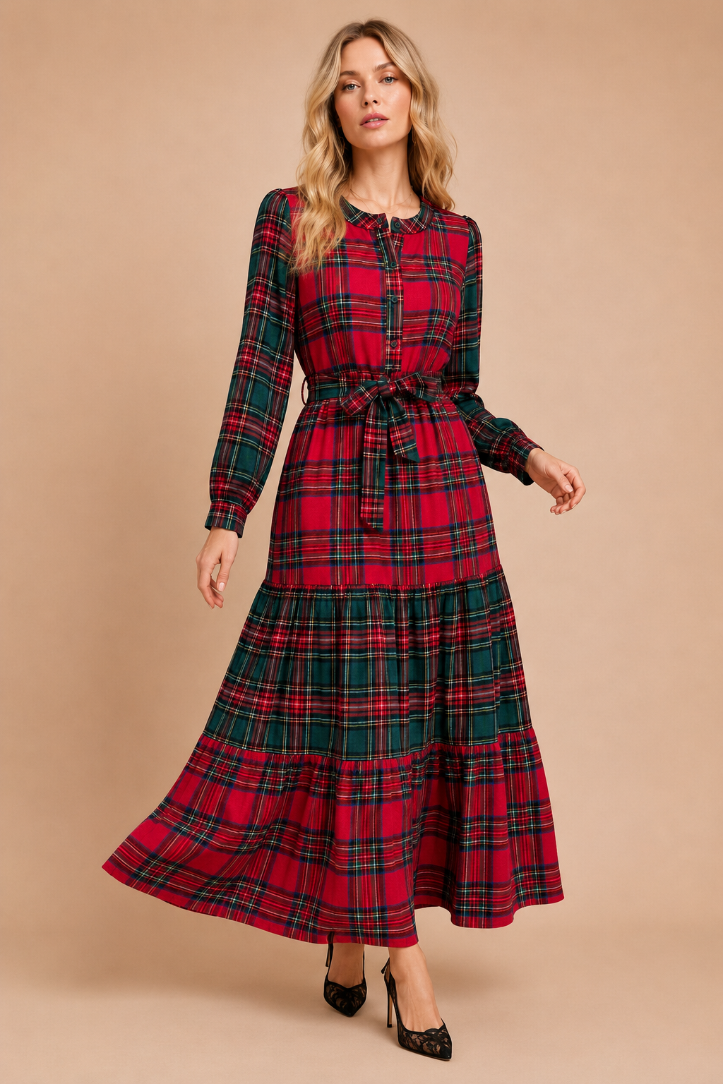 J.NNA - Festive Mixed-Plaid Tiered Maxi Dress