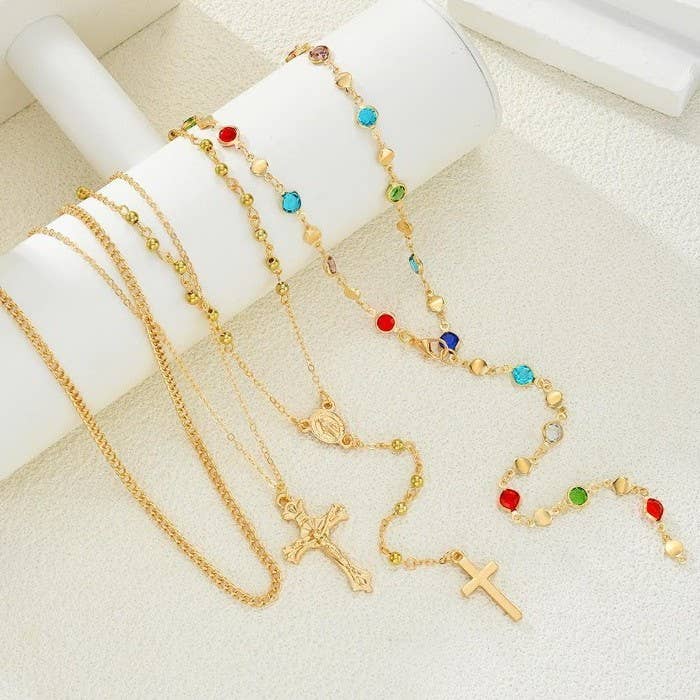 MULTI STONE CROSS LARIAT LAYER NECKLACE
