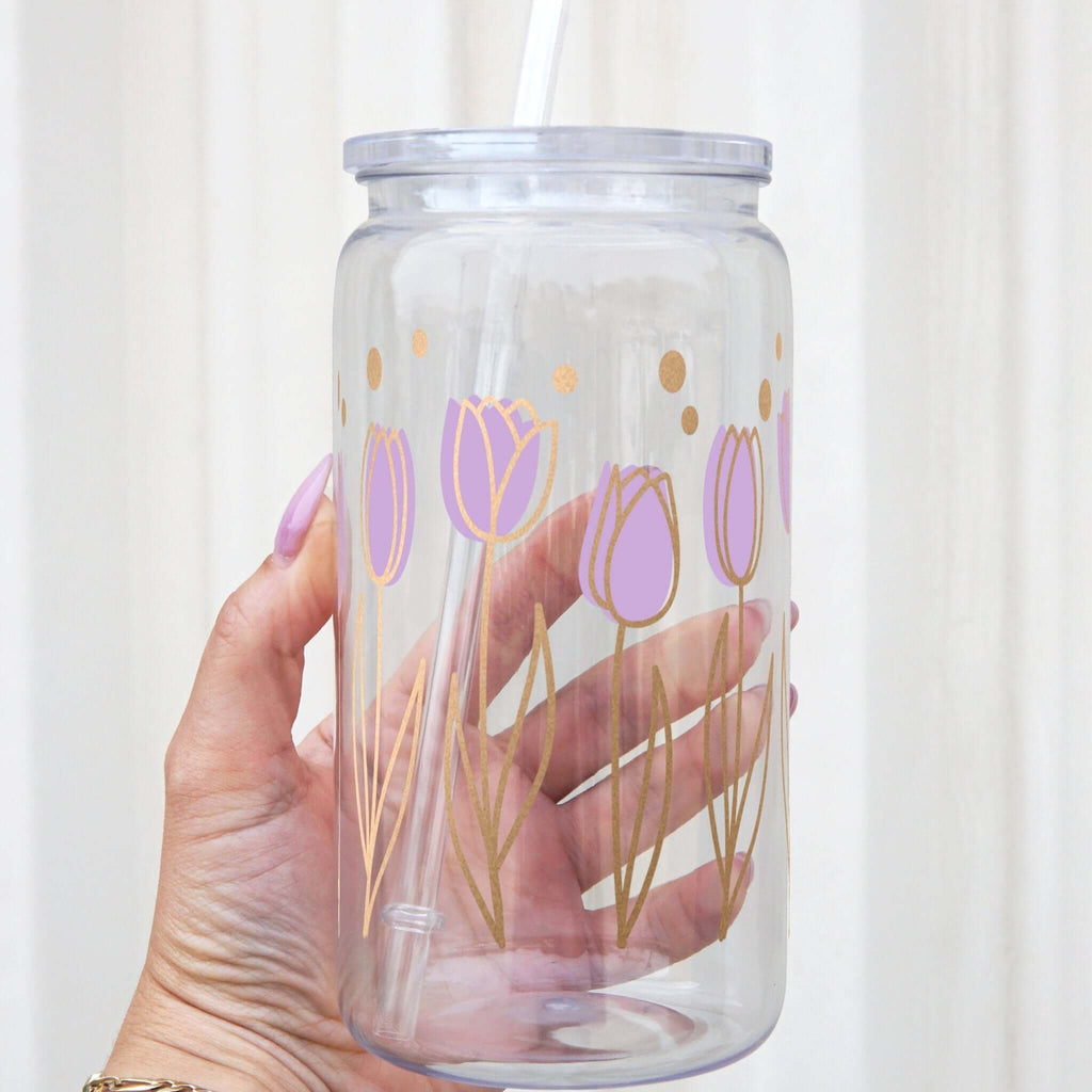 Sip-Sip Hooray! - Purple Tulip 16oz Glass Can Cup With Lid and Straw