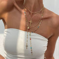 MULTI STONE CROSS LARIAT LAYER NECKLACE
