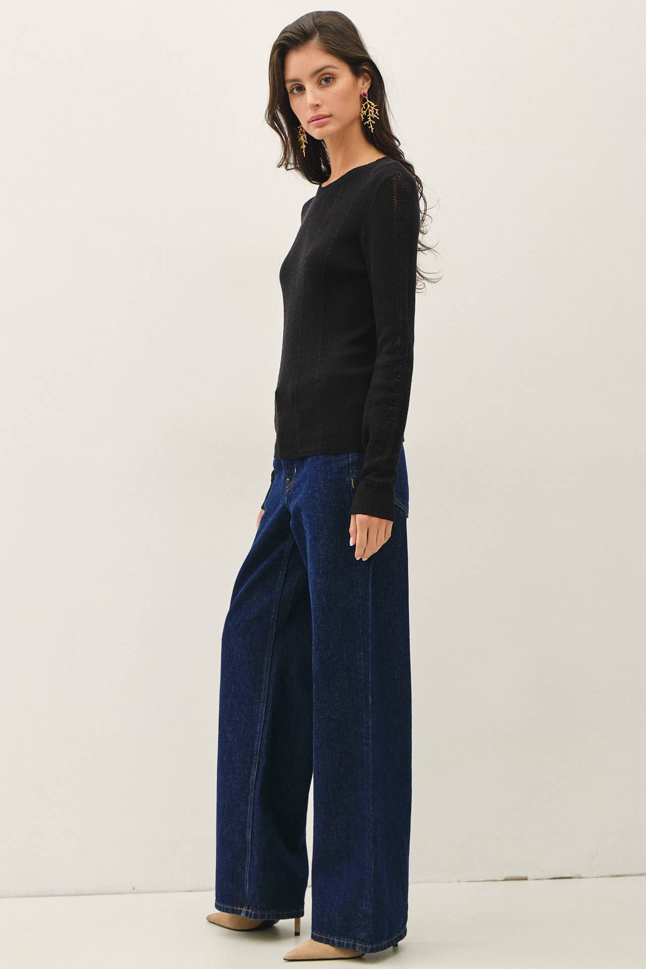 Be Cool - CROCHET SLEEVE POINTELLE FINE SWEATER