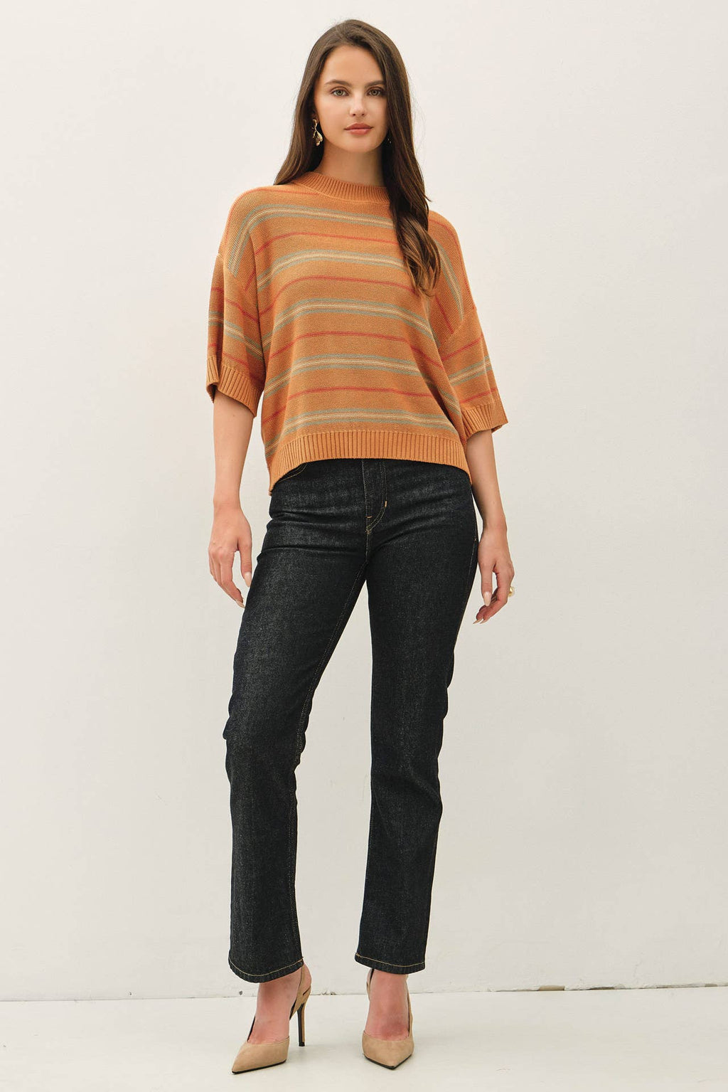 Be Cool - OVERSIZED CUT HALF SLEEVE STRIPED SWEATER