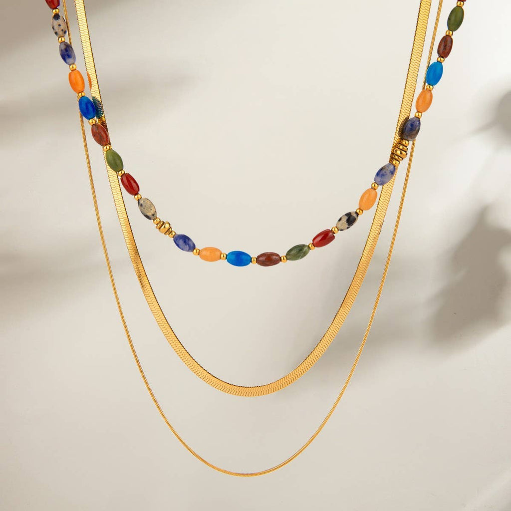 NATURAL STONE  STAINLESS STEEL LAYERED NECKLACE