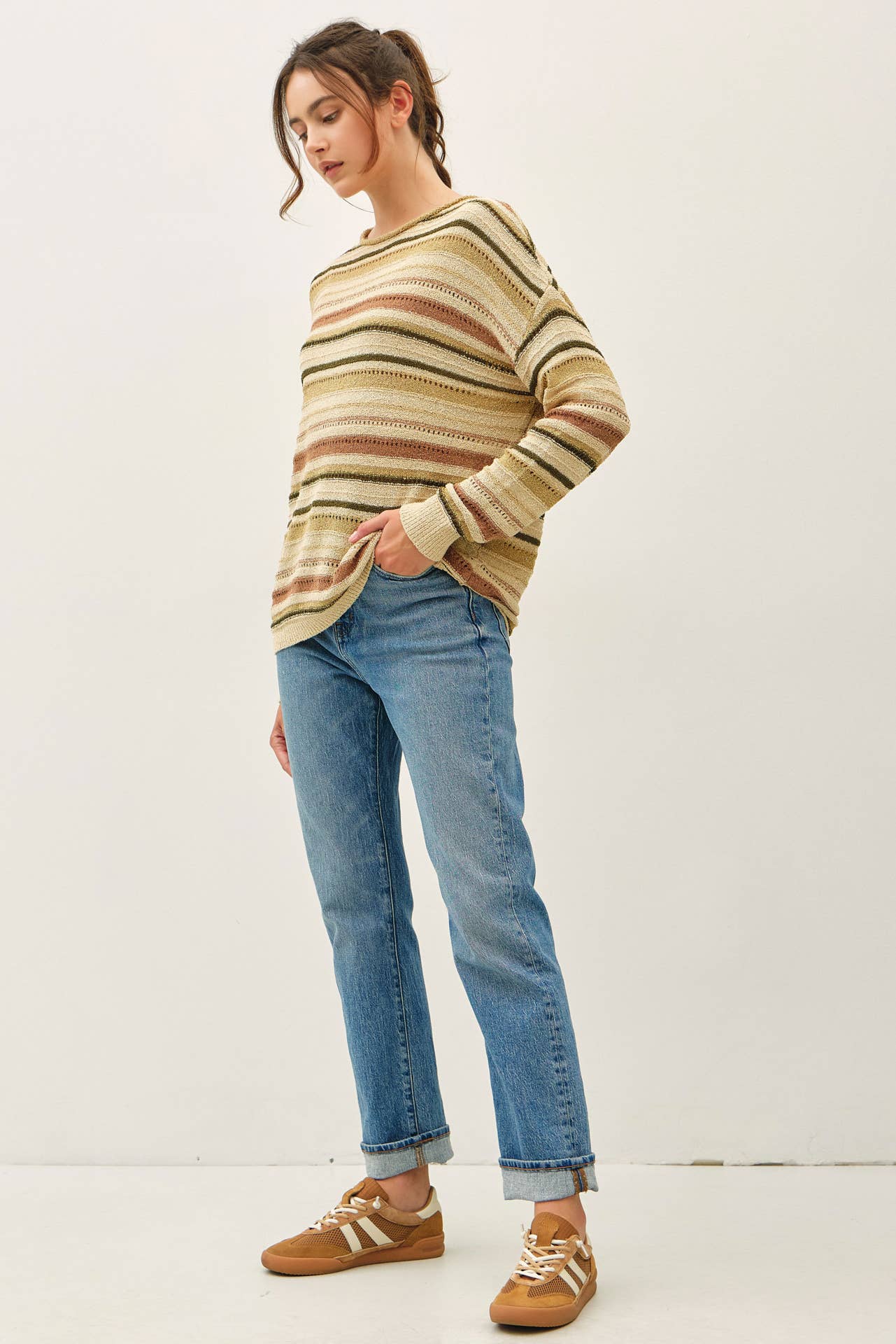 Be Cool - BREEZY KNIT MULTI STRIPED LONG SLEEVE SWEATER