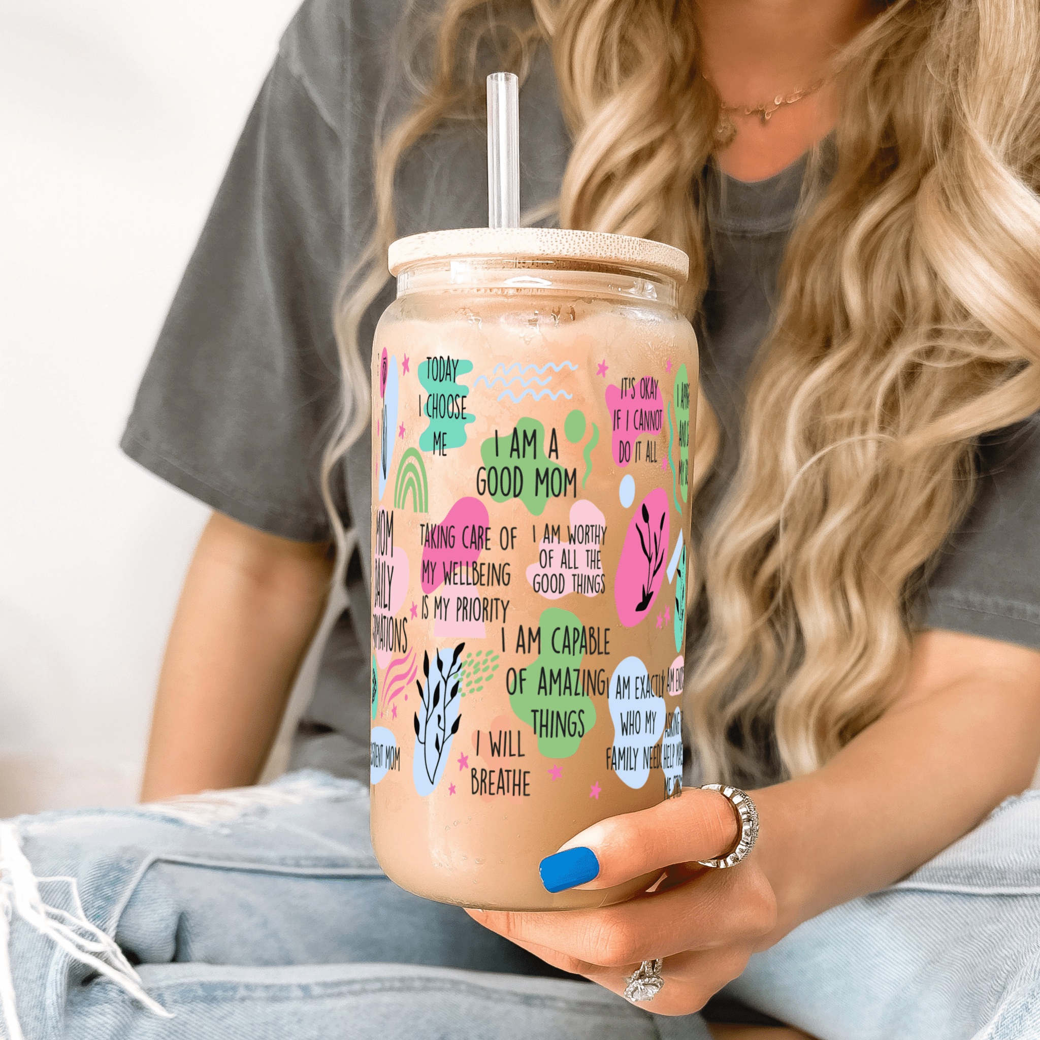 Sip-Sip Hooray! - Mom Daily Affirmations 16oz Glass Can Cup with Lid and Straw