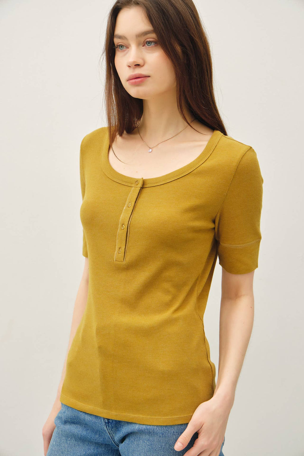 Be Cool - CLASSIC RIBBED COTTON SHORT SLEEVE HENLEY NECK TOP