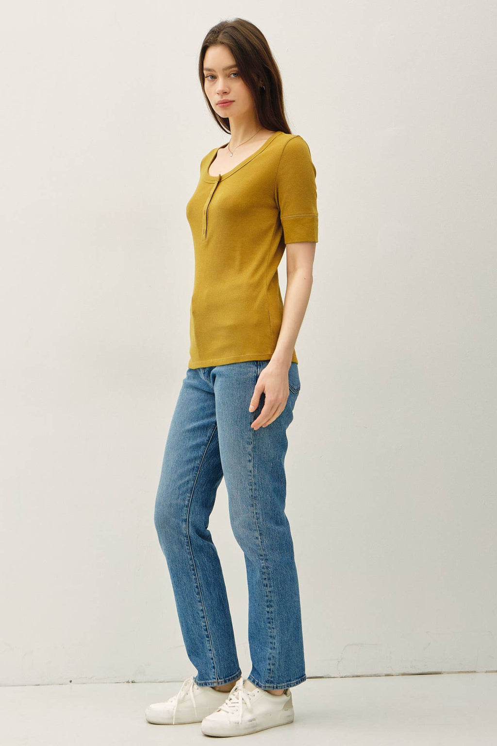 Be Cool - CLASSIC RIBBED COTTON SHORT SLEEVE HENLEY NECK TOP