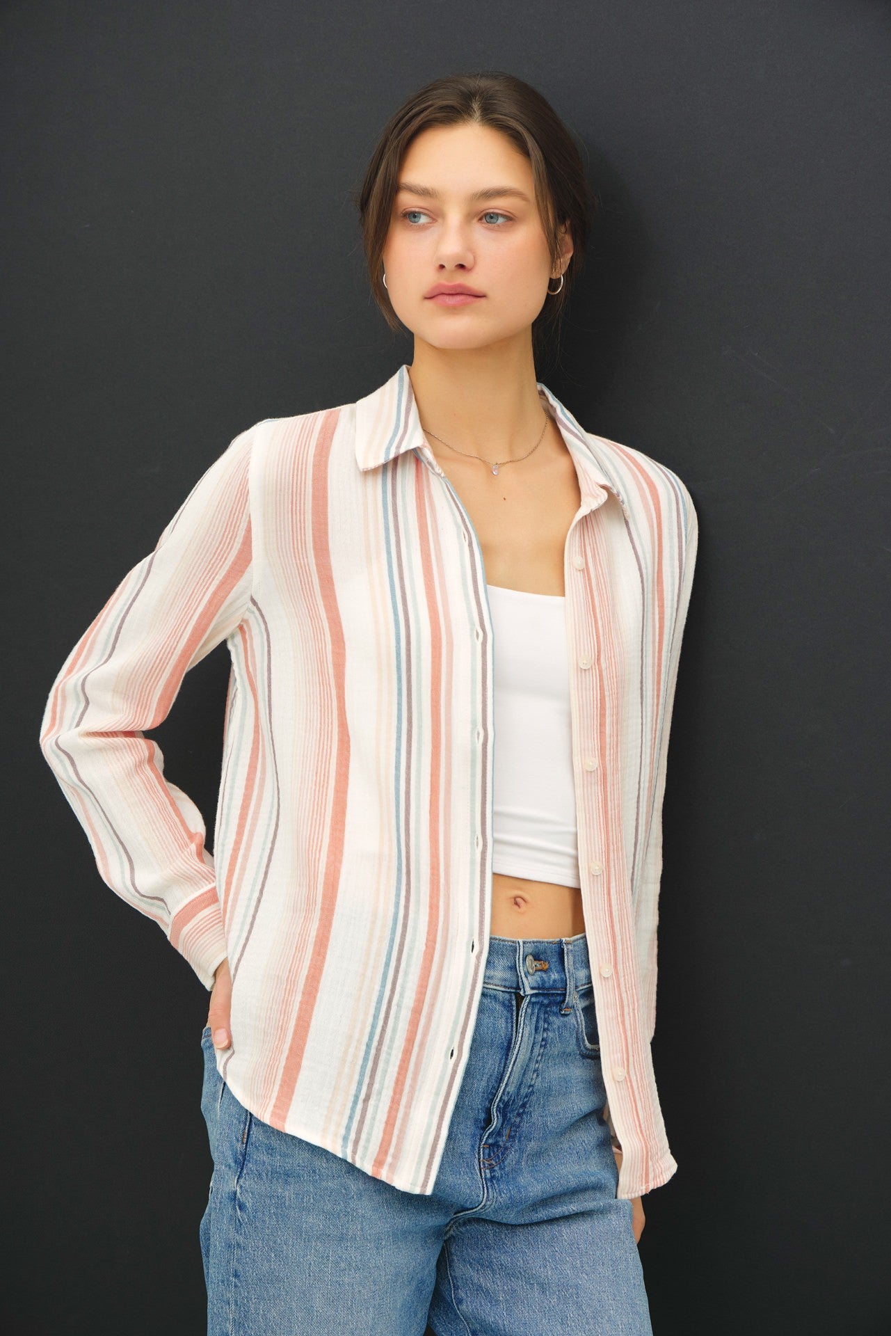 Striped Gauzy Button Up Top W/ Roll Up Sleeves