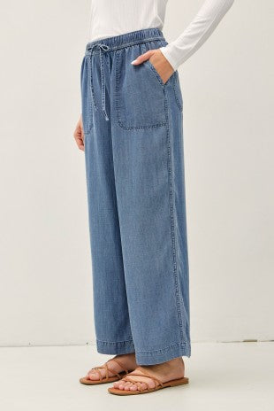 Denim Wash Wide Leg Ankle Length Pants