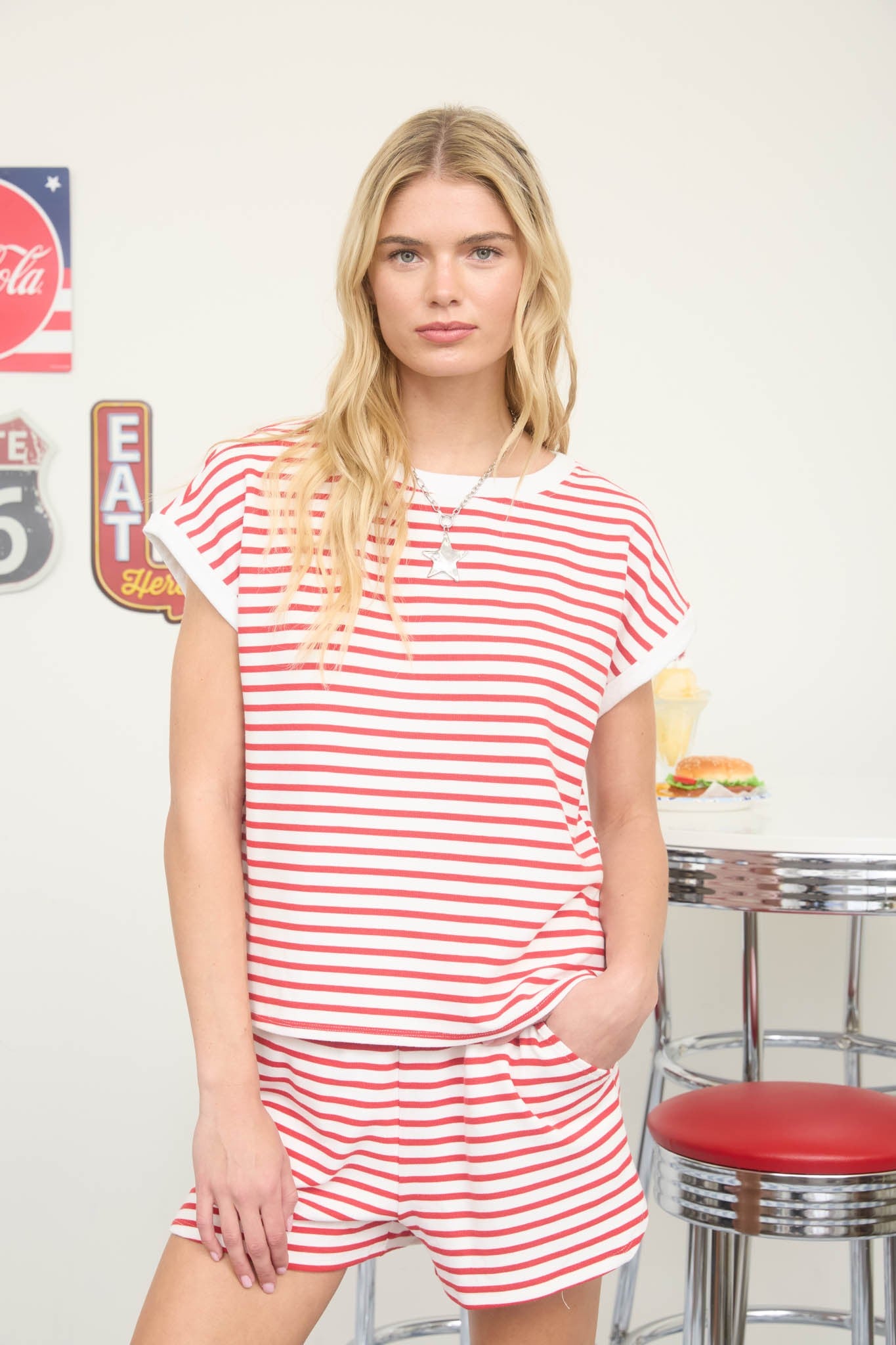 Stripe Contrast Trim Short Sleeve Relaxed Knit Top