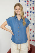 Tab Sleeve Collared Button Down Chambray Top