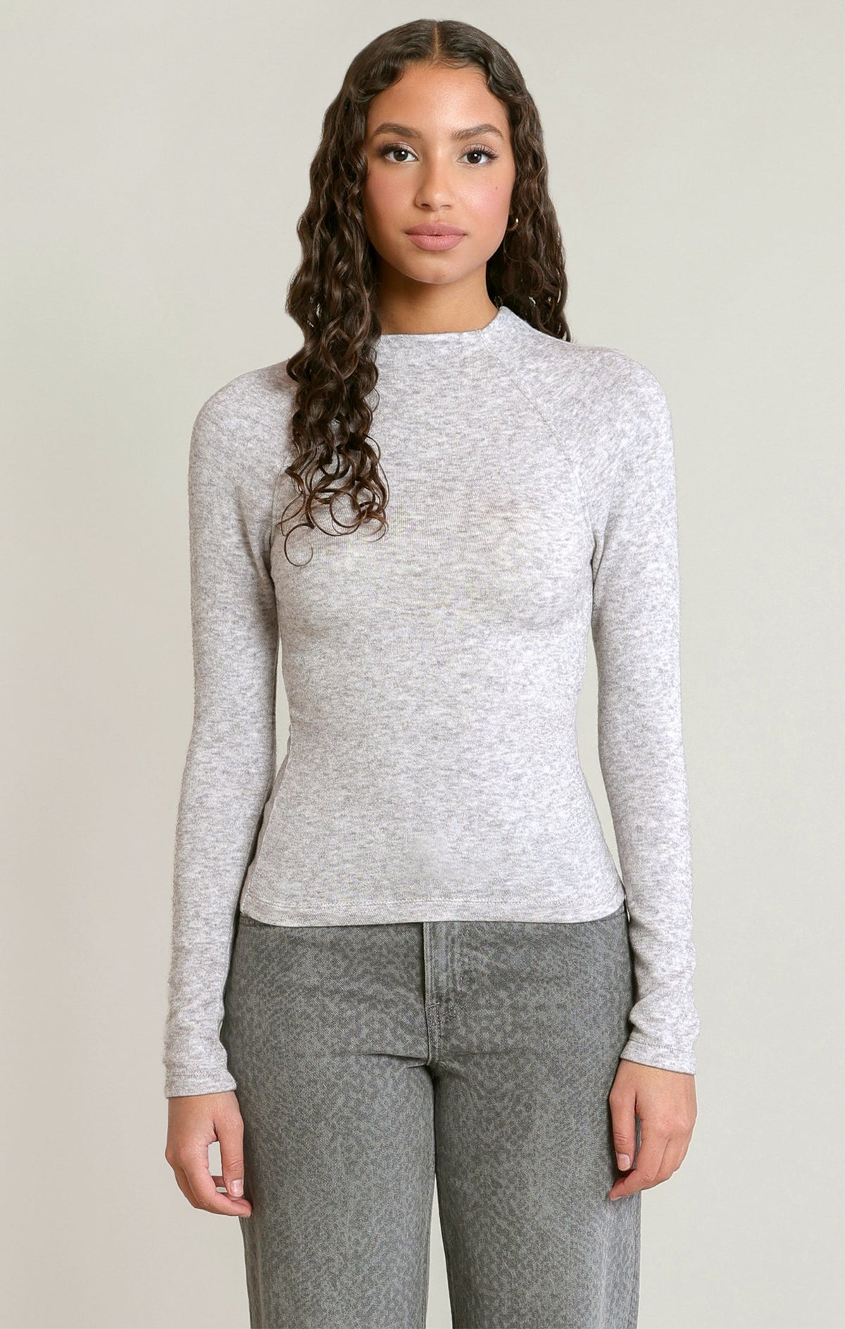 Heathered Mock Neck Top in Light Heather Grey
