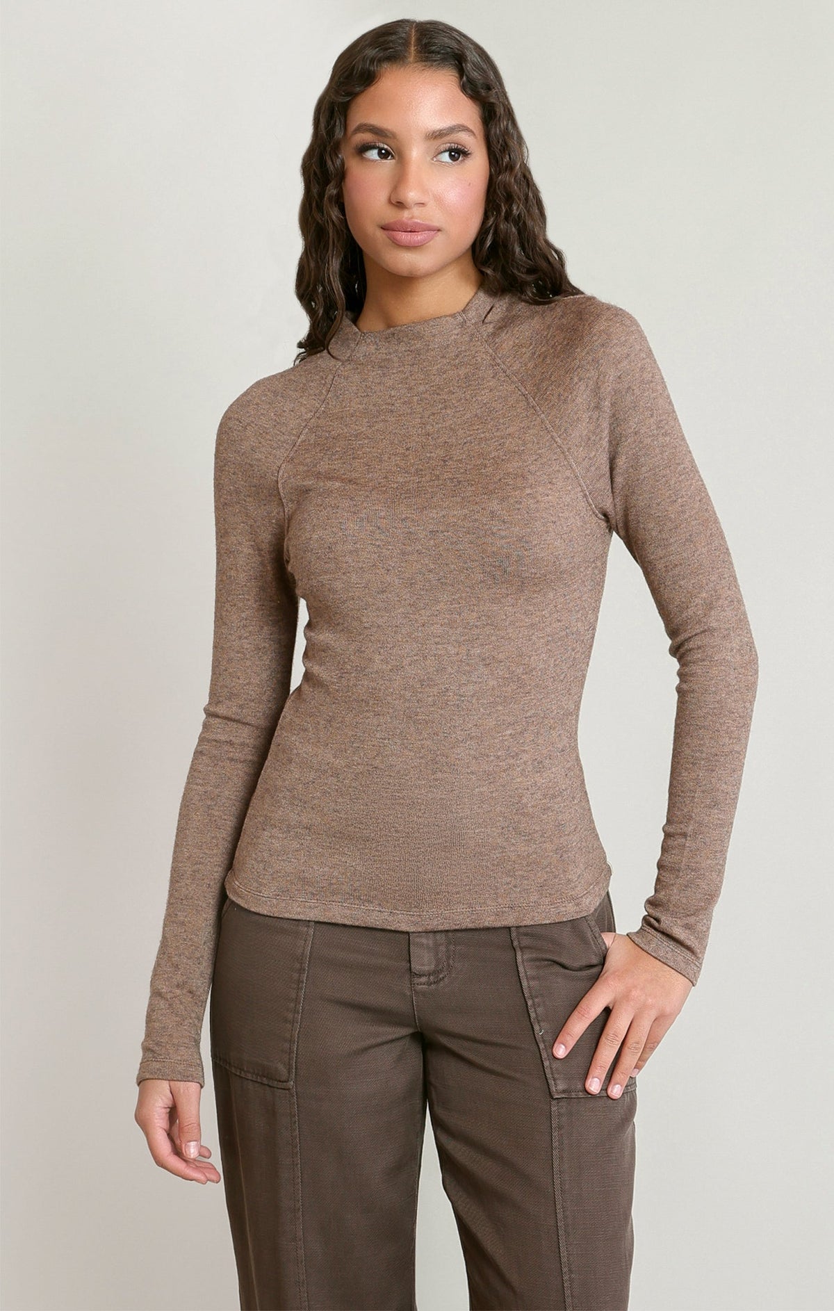 Heathered Mock Neck Top in Light Heather Brown