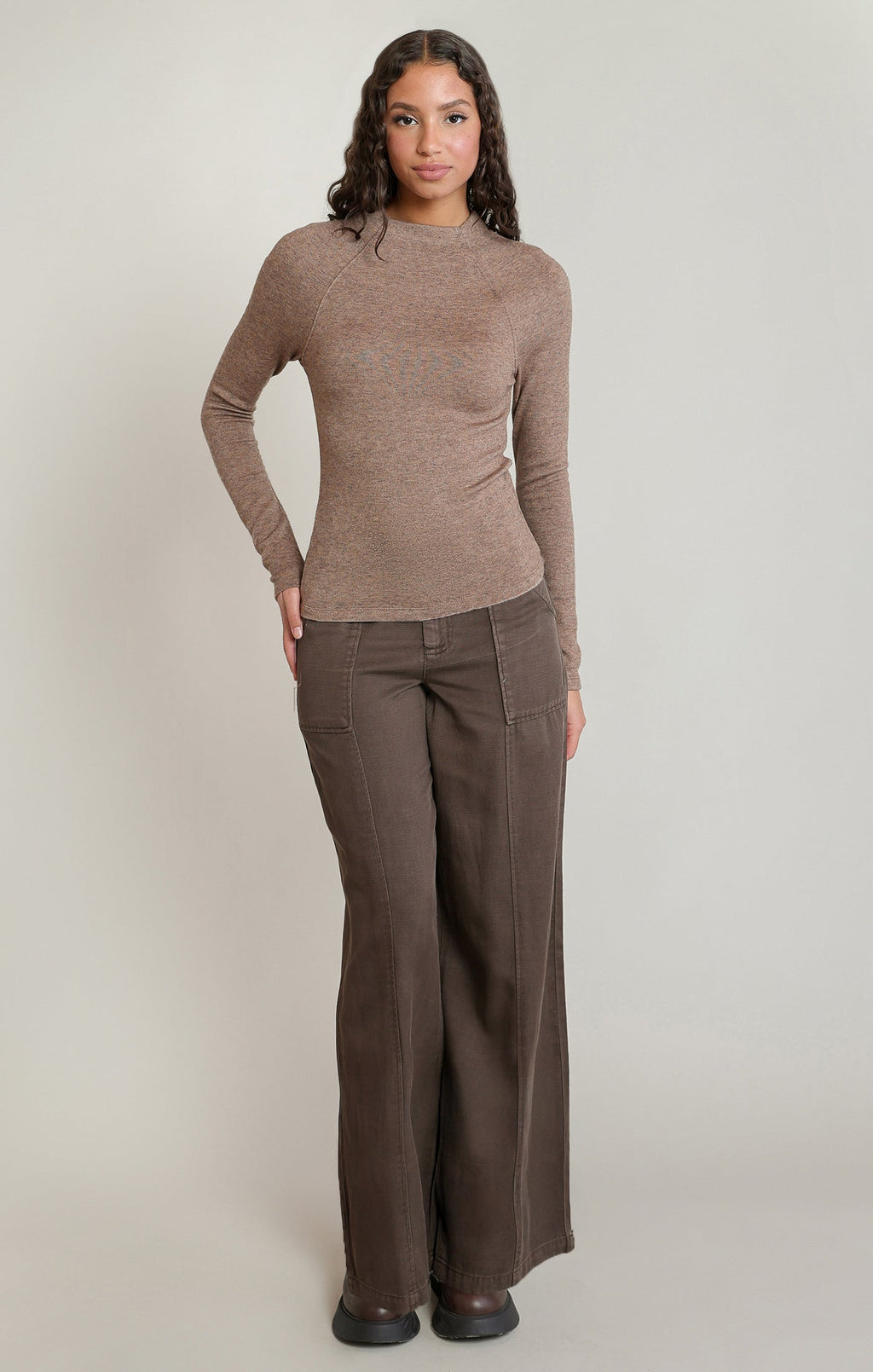 Heathered Mock Neck Top in Light Heather Brown