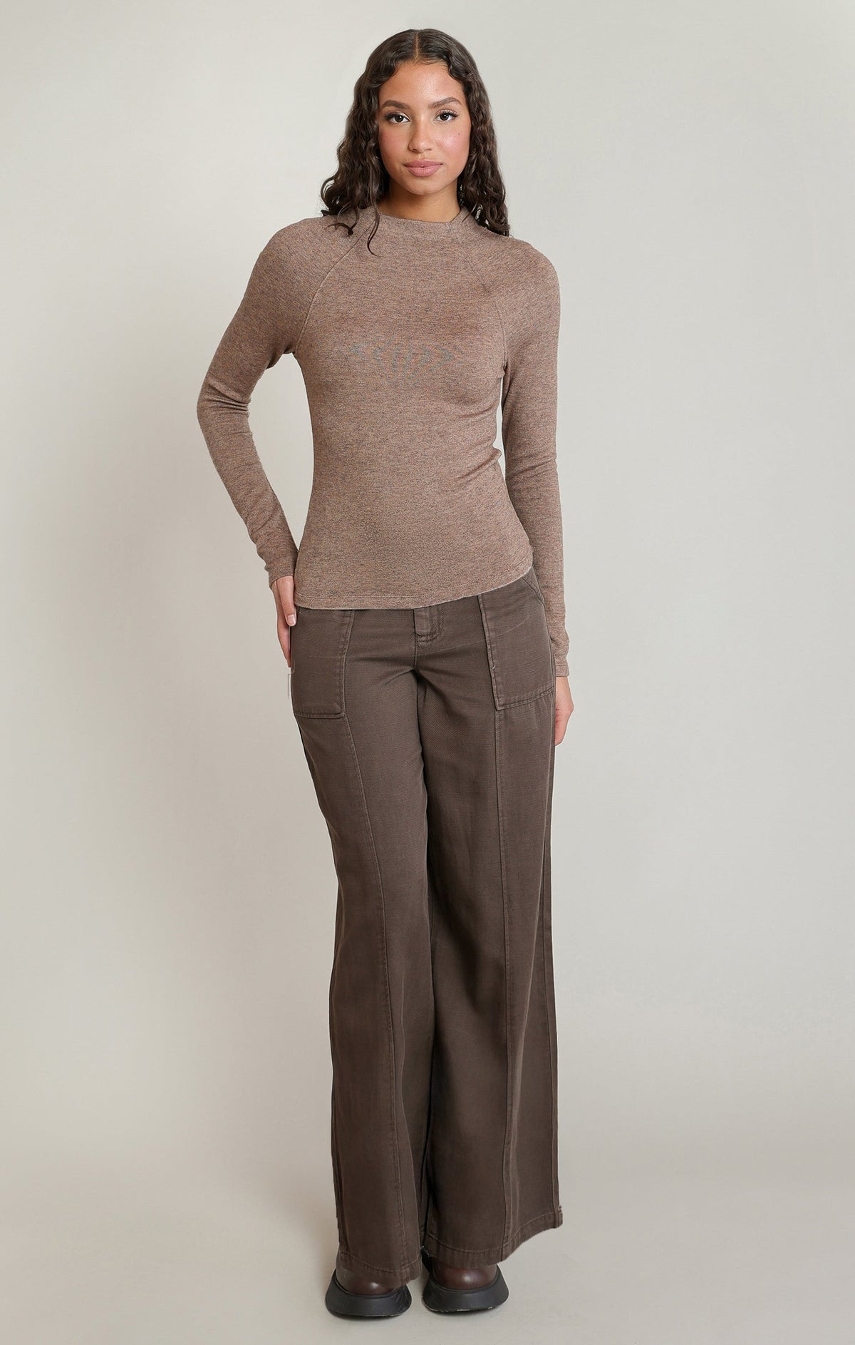 Heathered Mock Neck Top in Light Heather Brown