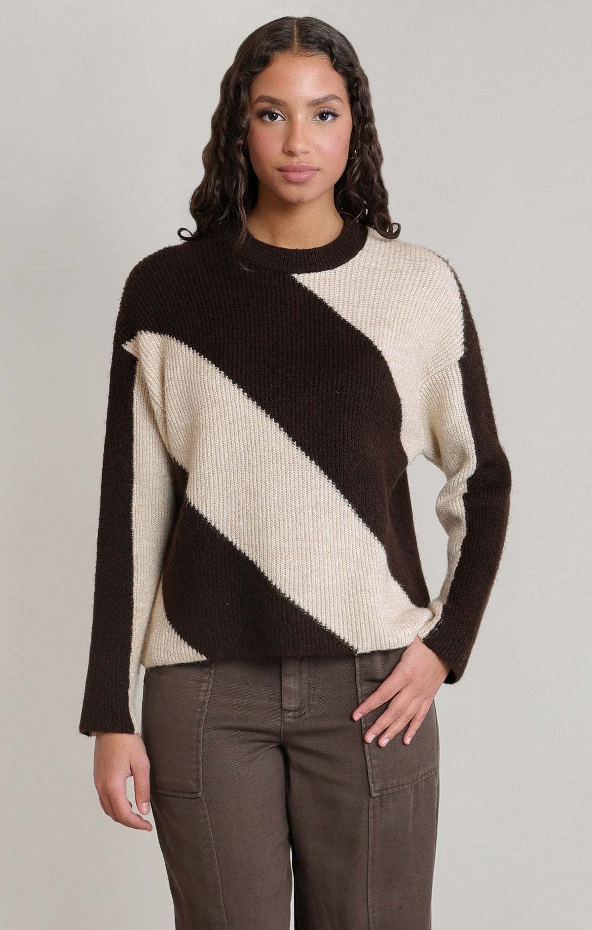 Brown & Oat Diagonal Stripe Sweater in Brown/Oat Stripe