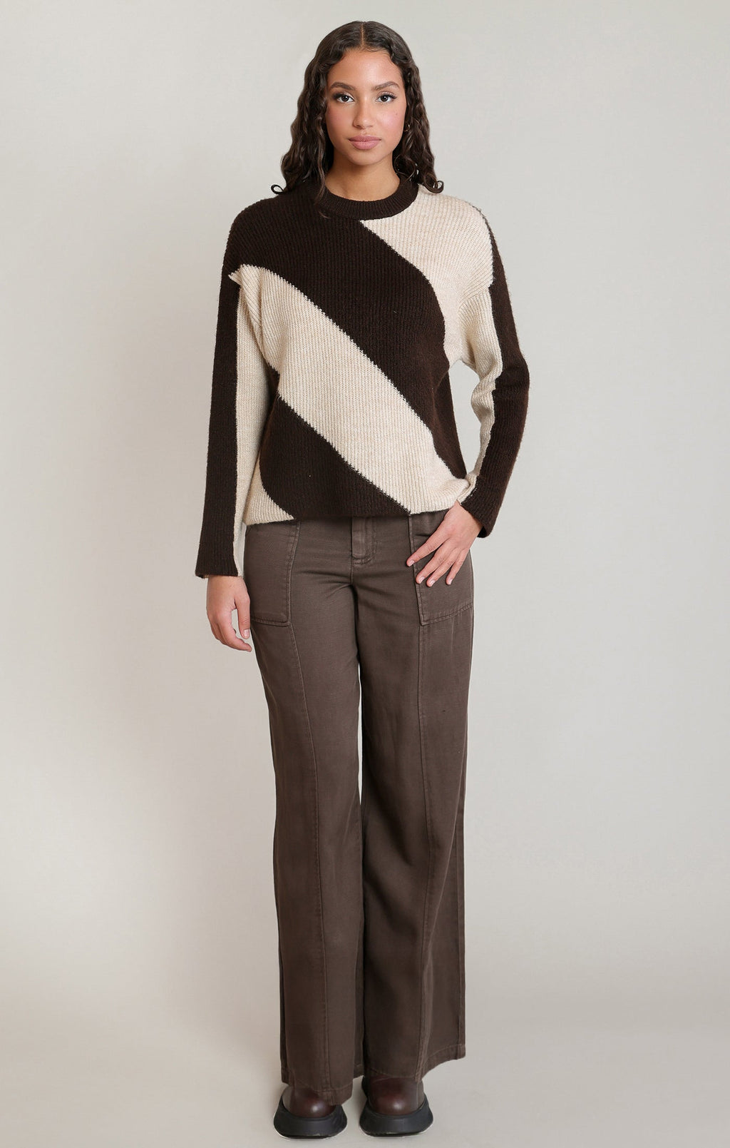 Brown & Oat Diagonal Stripe Sweater in Brown/Oat Stripe