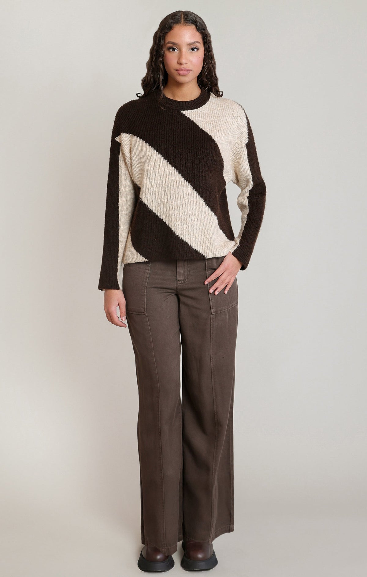 Brown & Oat Diagonal Stripe Sweater in Brown/Oat Stripe