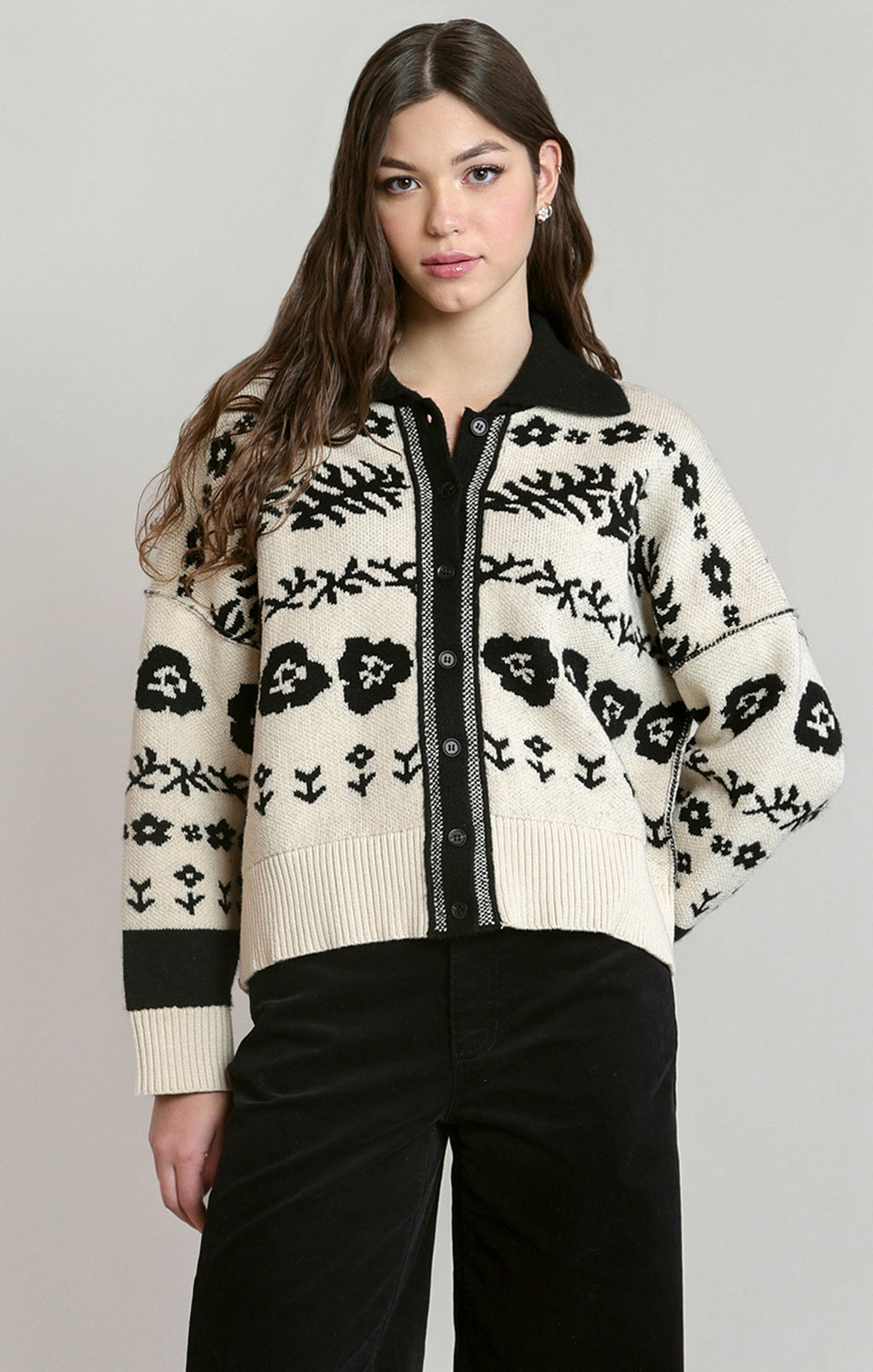 Ivory & Black Patterned Cardigan in Ivory/Black
