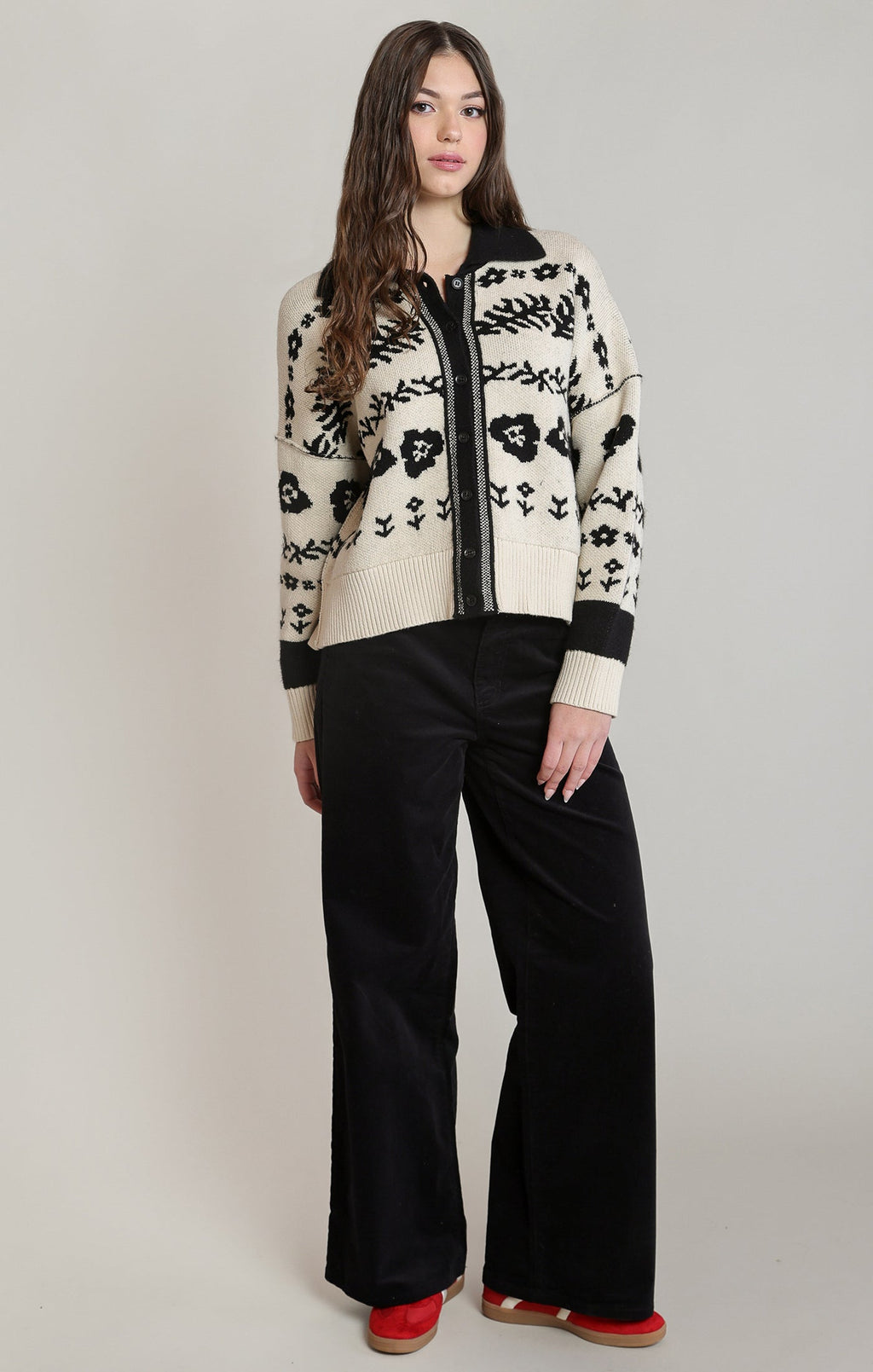 Ivory & Black Patterned Cardigan in Ivory/Black