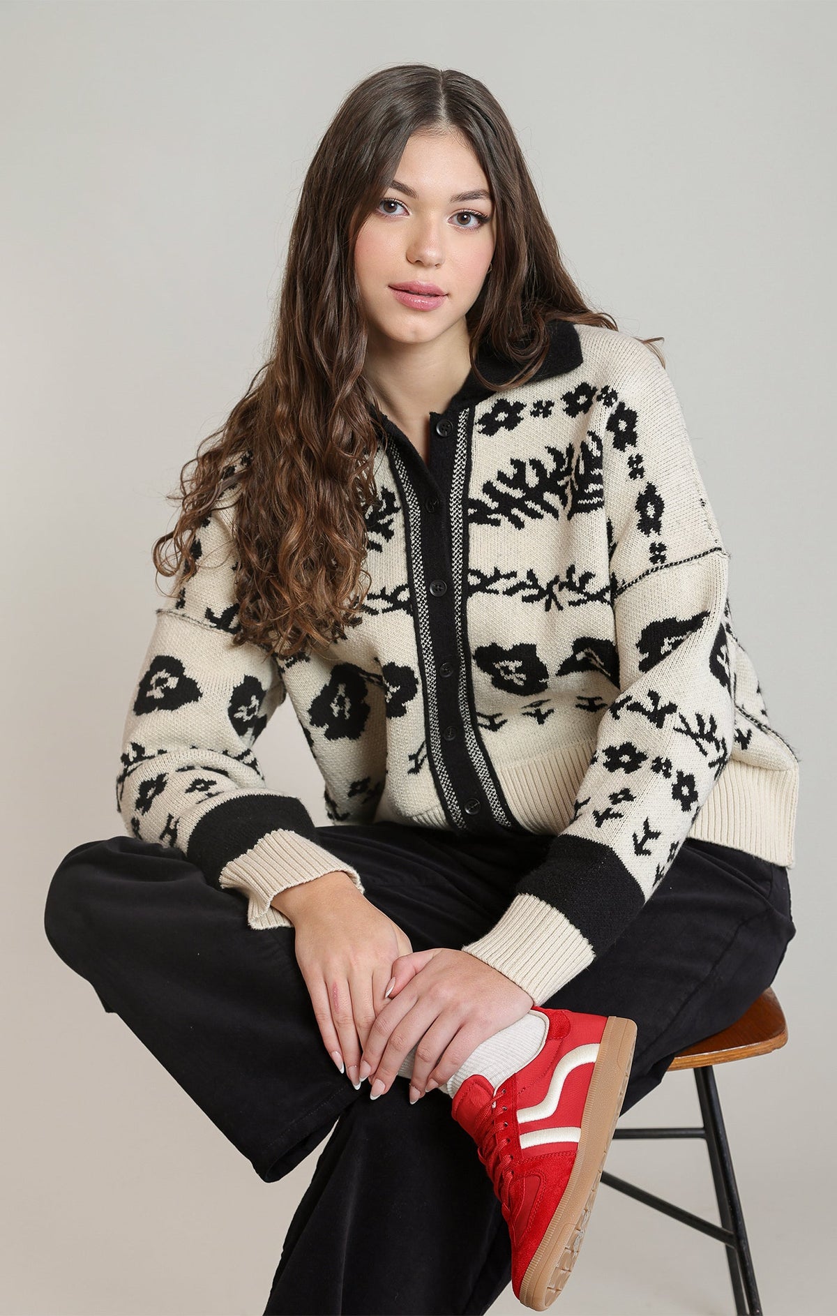 Ivory & Black Patterned Cardigan in Ivory/Black