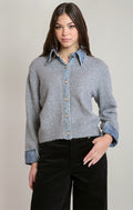Denim-Trim Knit Shirt in Light Grey/Denim