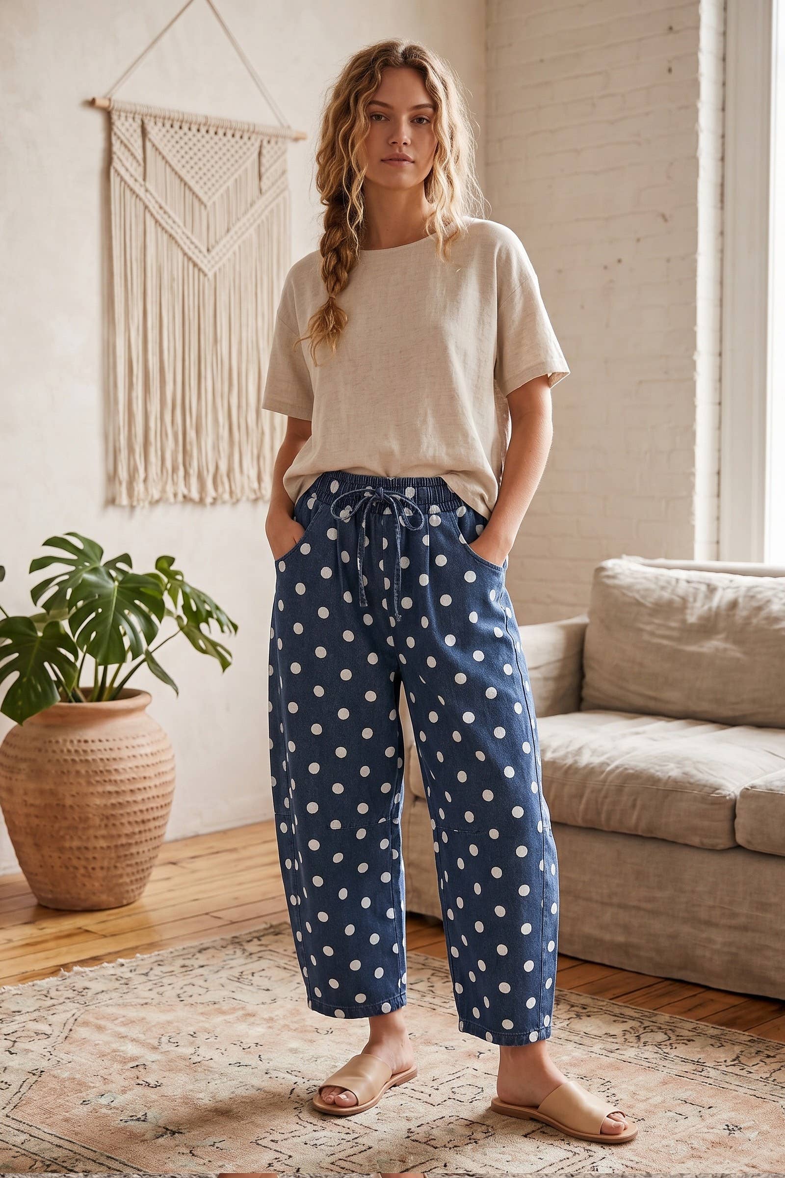 Polka Dot Denim Barrel Pants