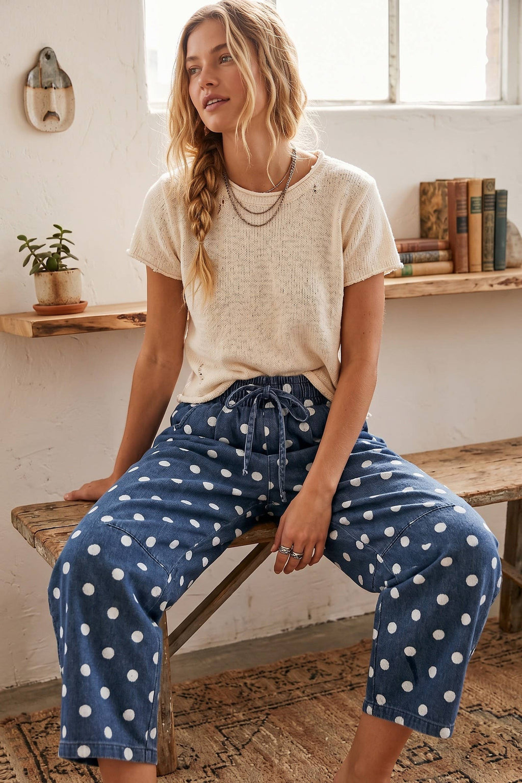 Polka Dot Denim Barrel Pants