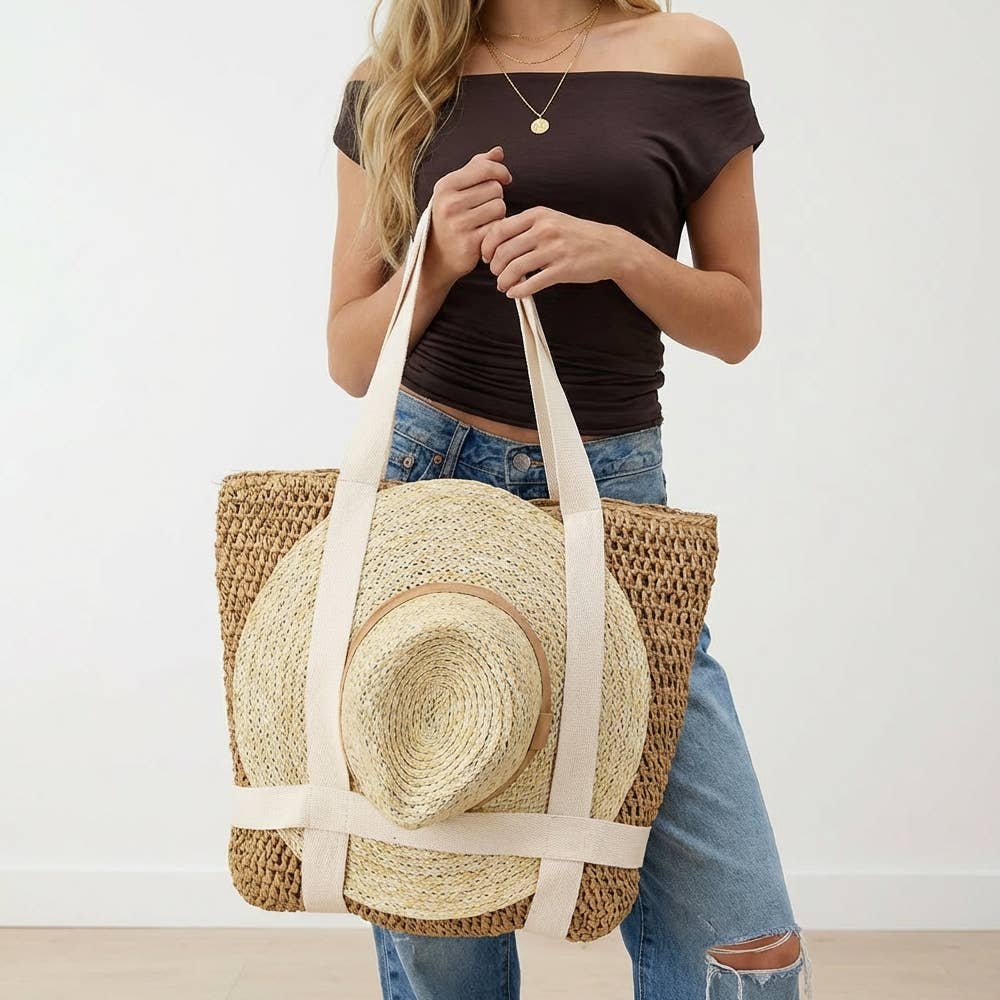 Collections by Fame Accessories - Straw Braided Hat Carrier Tote Bag