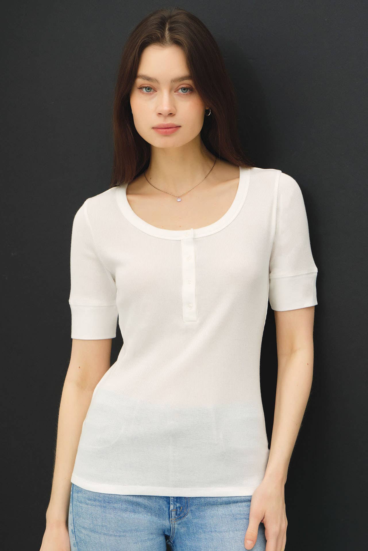 Be Cool - CLASSIC RIBBED COTTON SHORT SLEEVE HENLEY NECK TOP