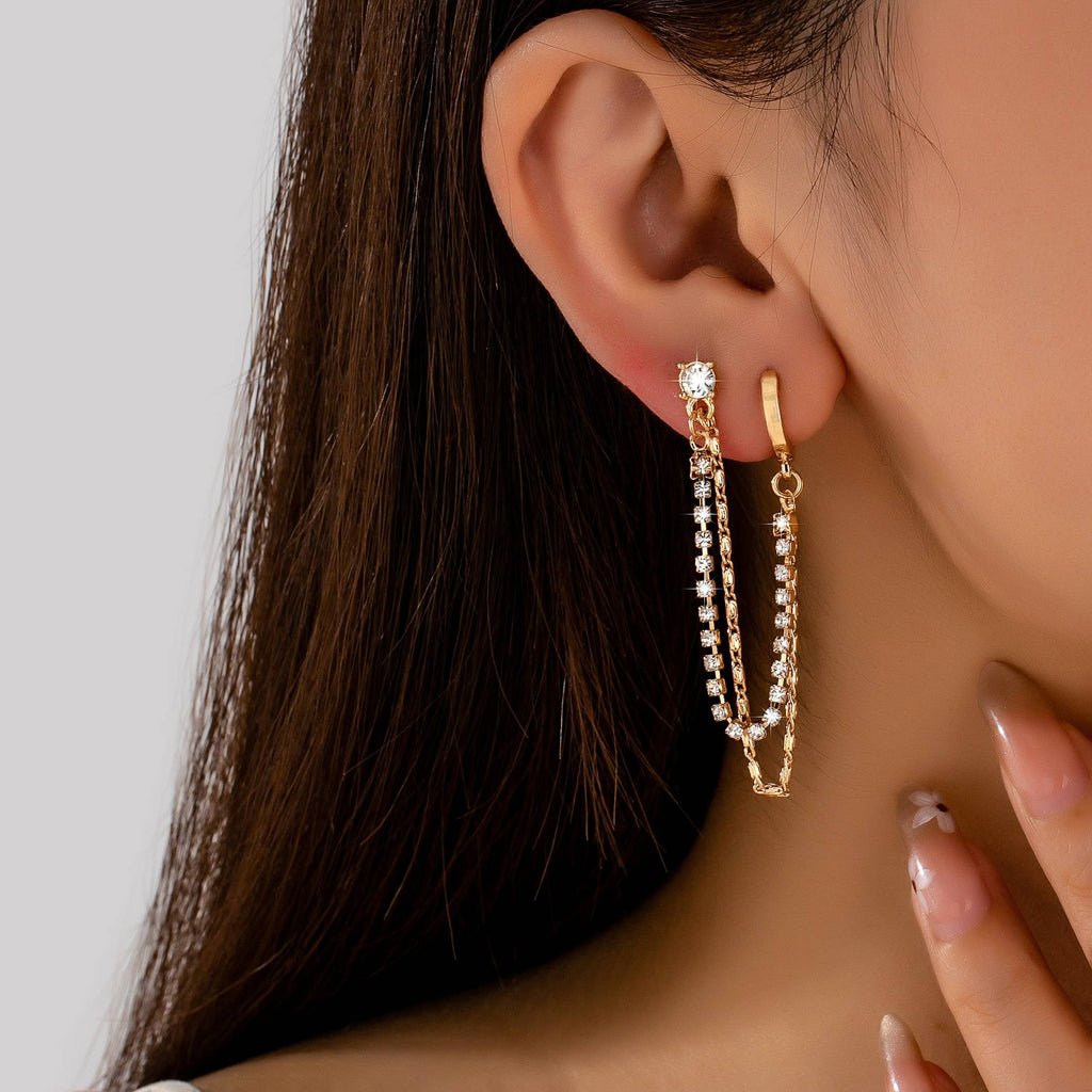 Rhinestone & Gold Double Chain Earrings|80E63021
