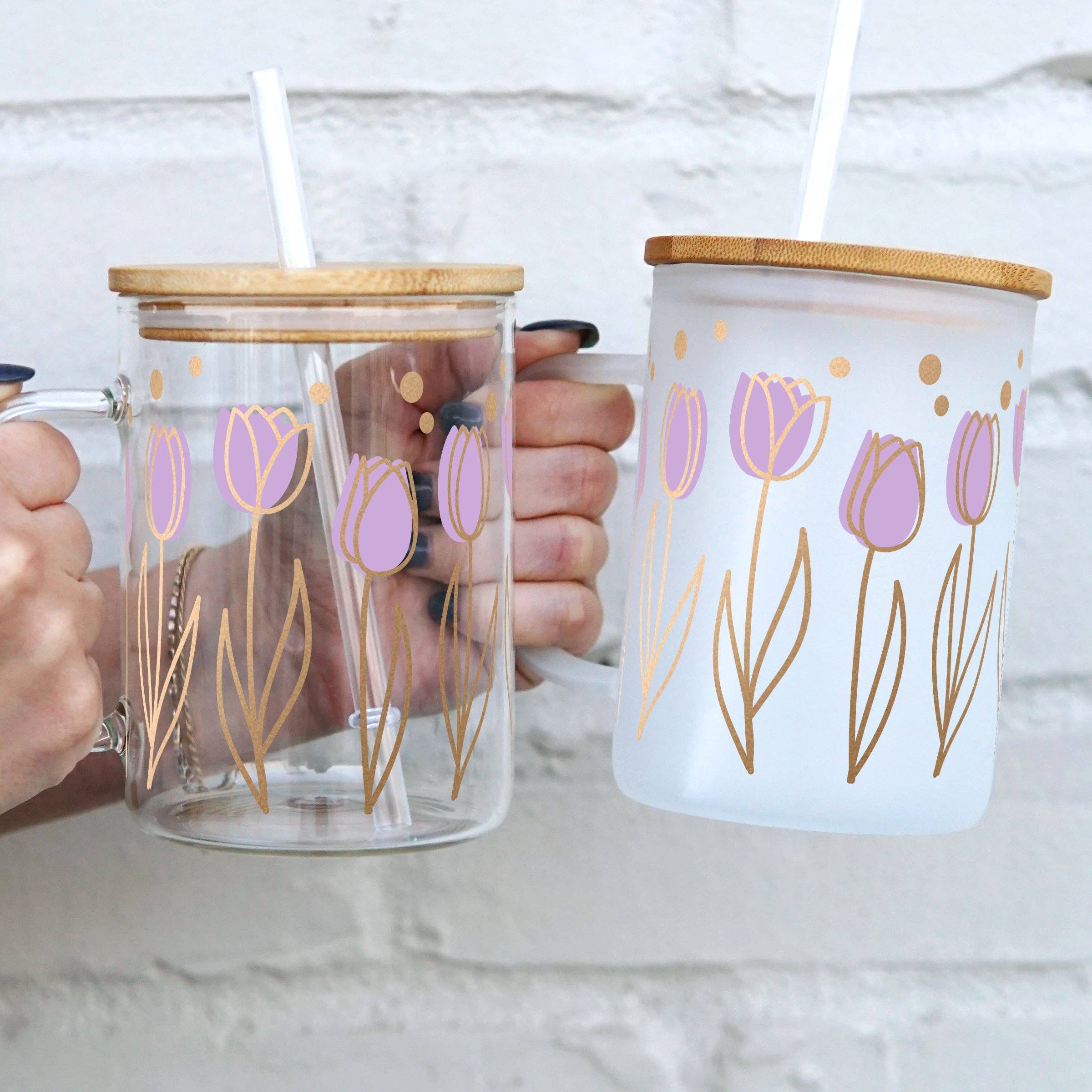 Sip-Sip Hooray! - Purple Tulips 17oz Glass Mug With Lid and Straw