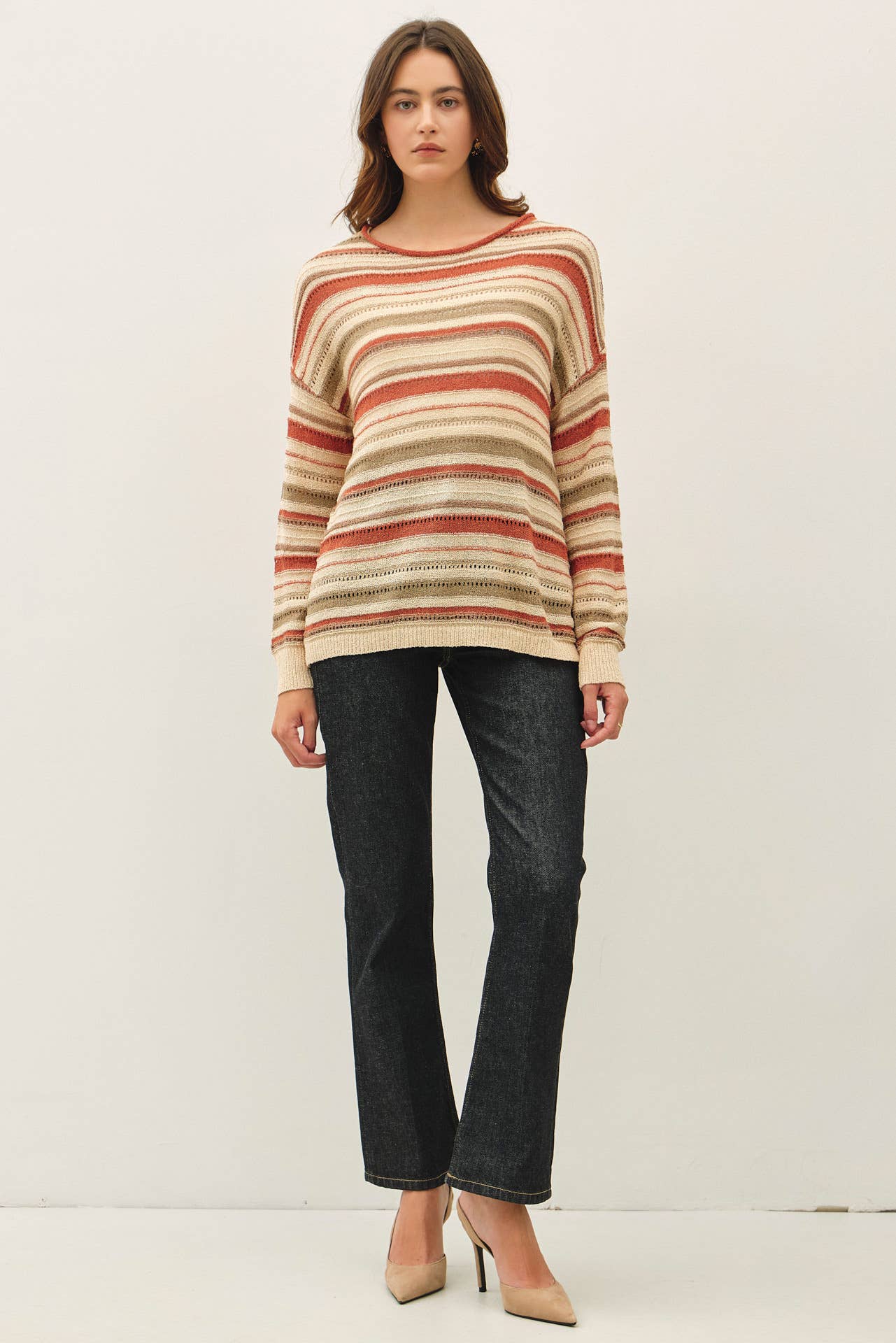 Be Cool - BREEZY KNIT MULTI STRIPED LONG SLEEVE SWEATER