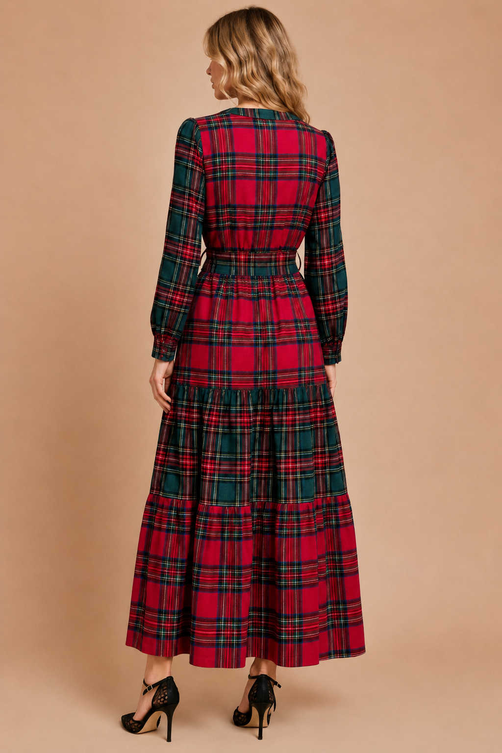 J.NNA - Festive Mixed-Plaid Tiered Maxi Dress