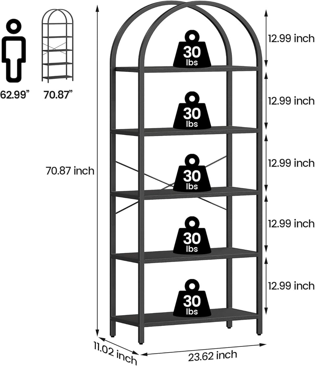 ShipItFurniture - Tall Black Arched Bookcase With 5 Open Shelves For Living Room