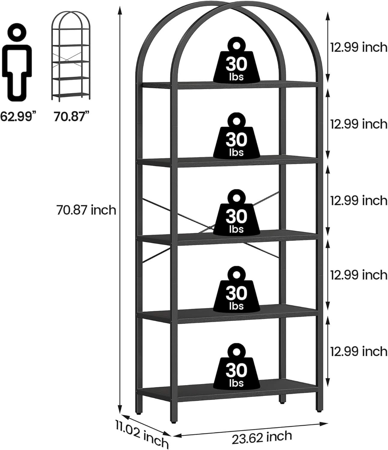 ShipItFurniture - Tall Black Arched Bookcase With 5 Open Shelves For Living Room
