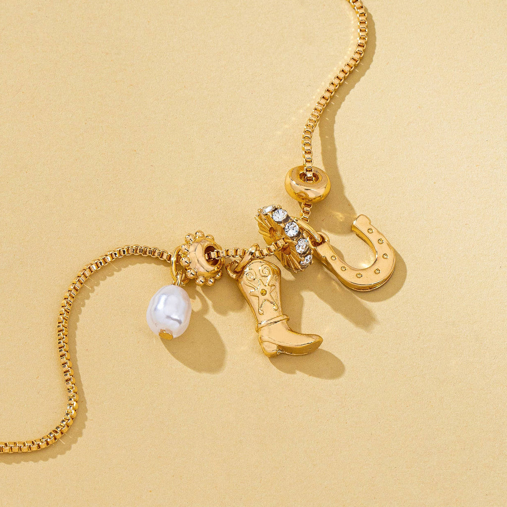 Western Boot Horseshoe Pearl Charm Necklace