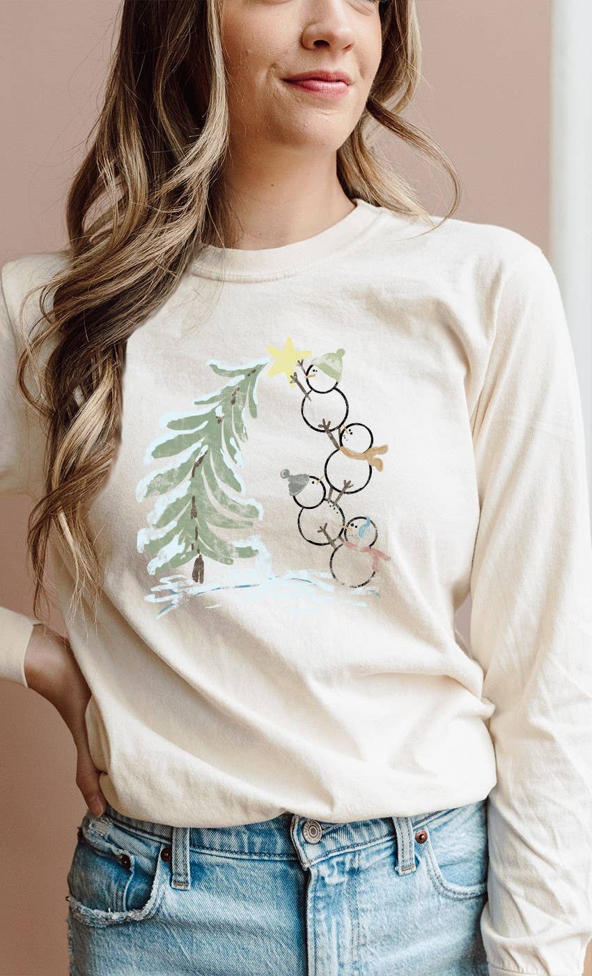 Kissed Apparel - Snowmen Decorating Tree Star Graphic Long Sleeve
