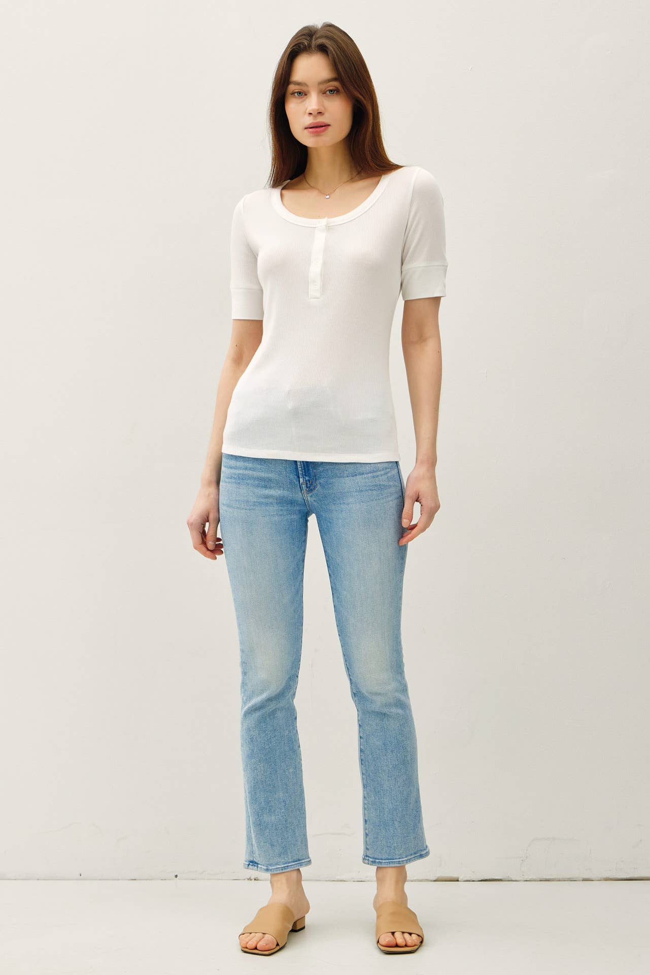 Be Cool - CLASSIC RIBBED COTTON SHORT SLEEVE HENLEY NECK TOP