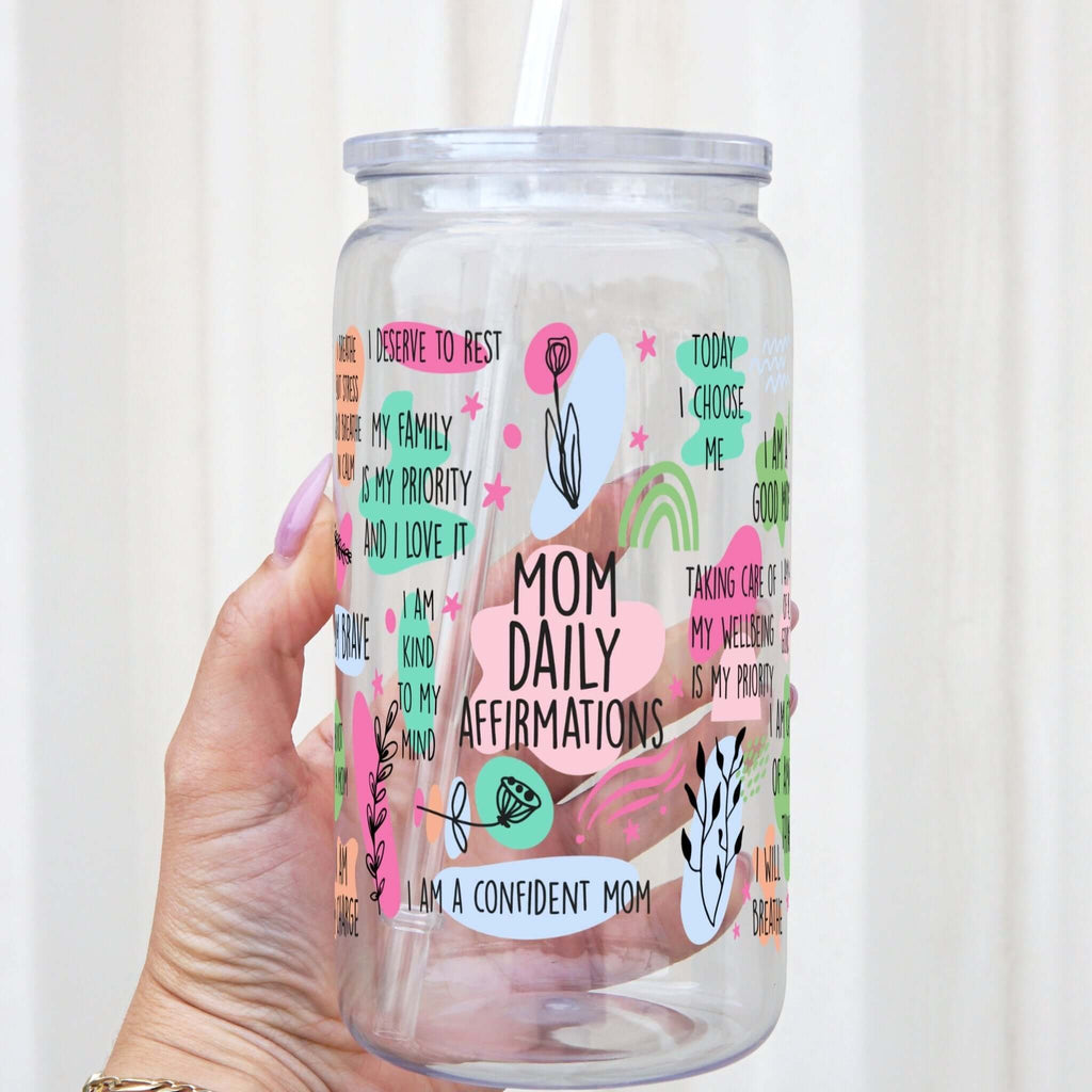 Sip-Sip Hooray! - Mom Daily Affirmations 16oz Glass Can Cup with Lid and Straw
