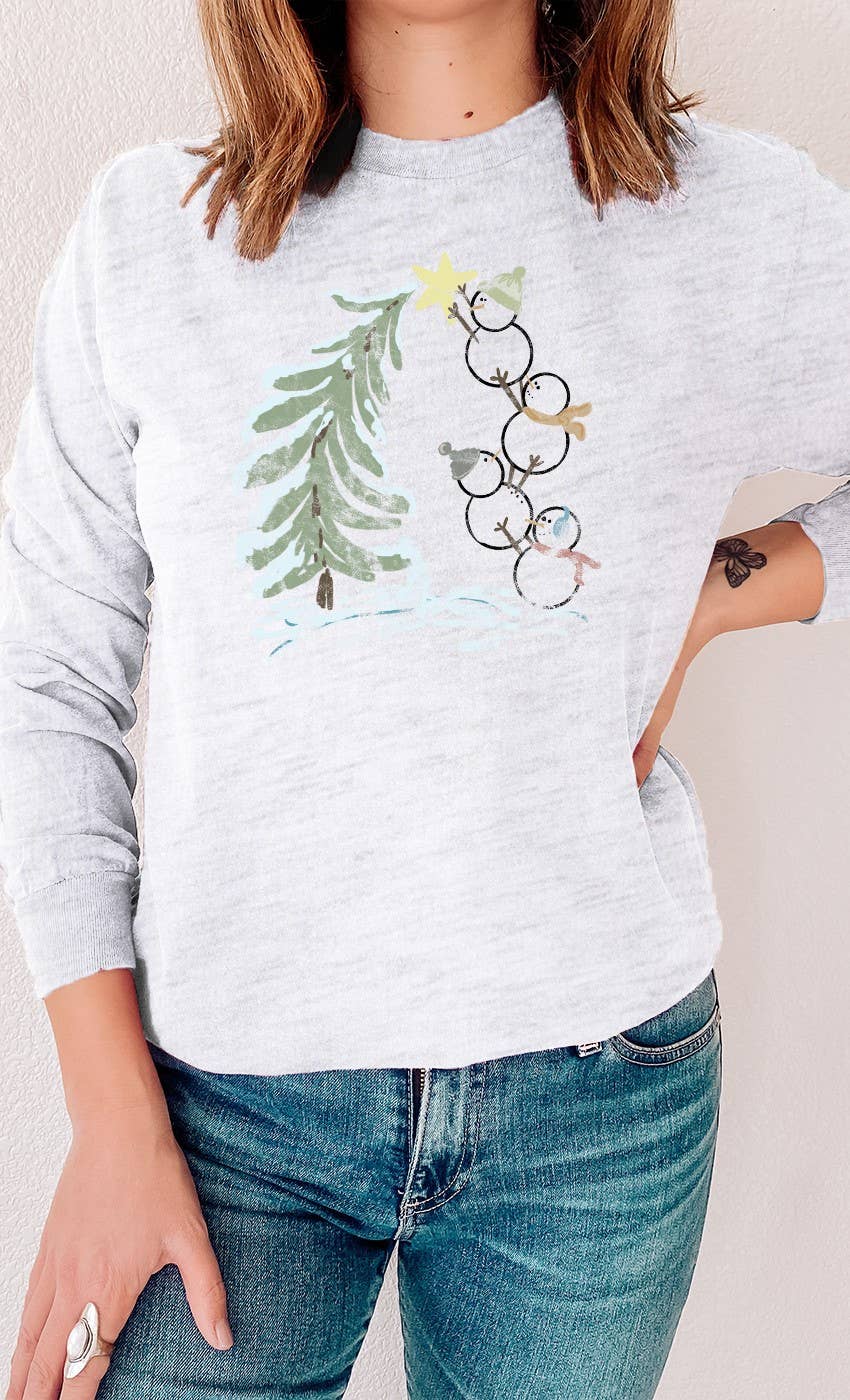 Kissed Apparel - Snowmen Decorating Tree Star Graphic Long Sleeve