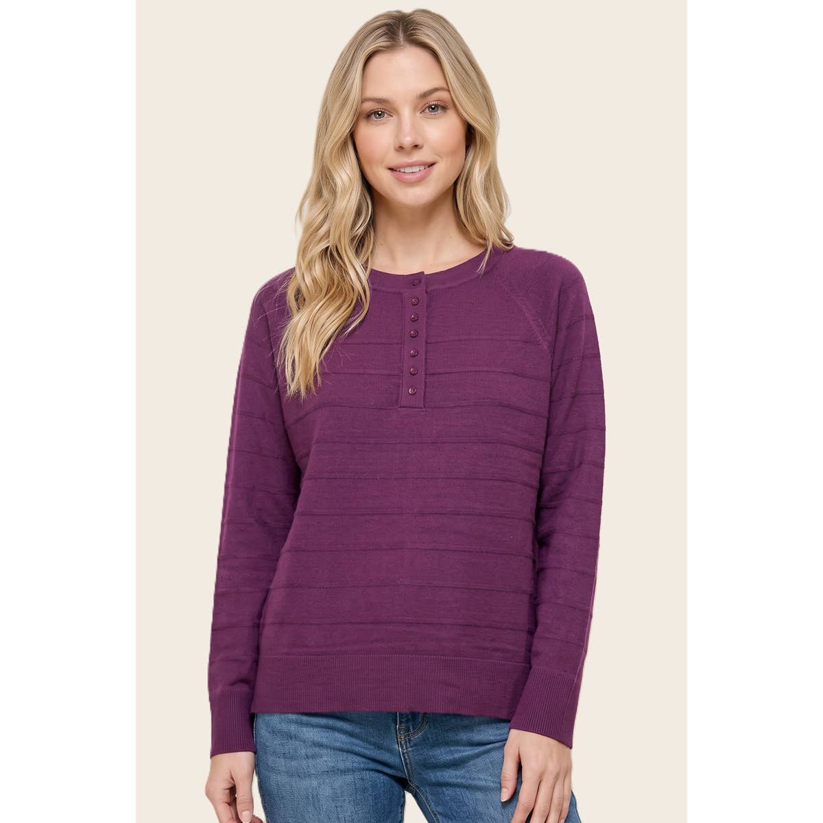 STACCATO - TEXTURE STRIPED HALF BUTTON SWEATER
