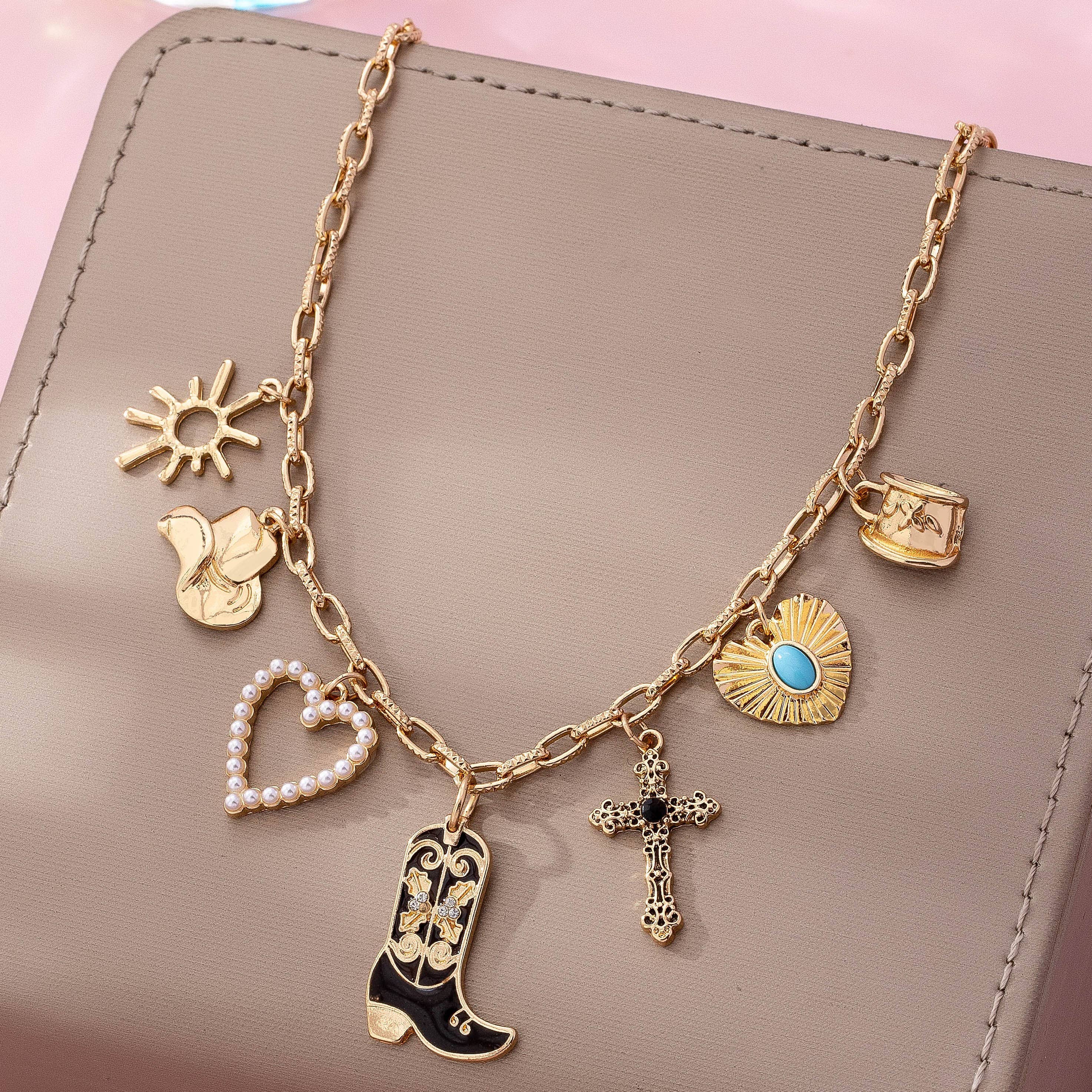 Western Charm Necklace - Boot cross heart